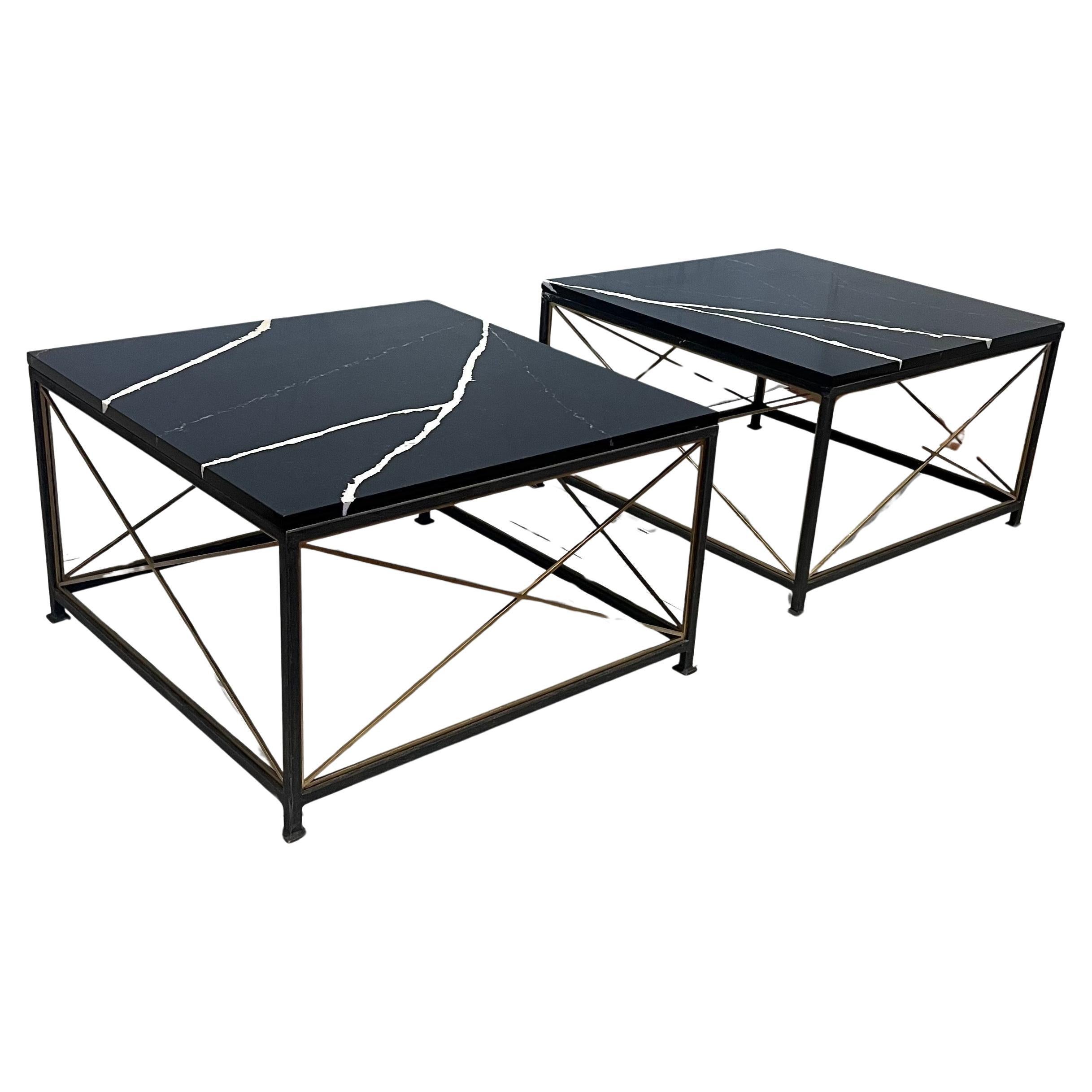Spanish Pair of End Cocktail Coffee Tables in Marble & Metal Frames In/Outdoors For Sale