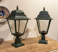 Spanish Pair of Entrance Lanterns of Iron Painted in Green with Crystals
