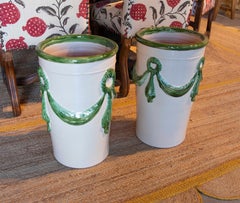 Spanish Pair of Glazed Ceramic Flower Pots with Decorative Green Border