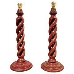 Spanish Pair of Hand Carved Wooden Lamps in Red Colour