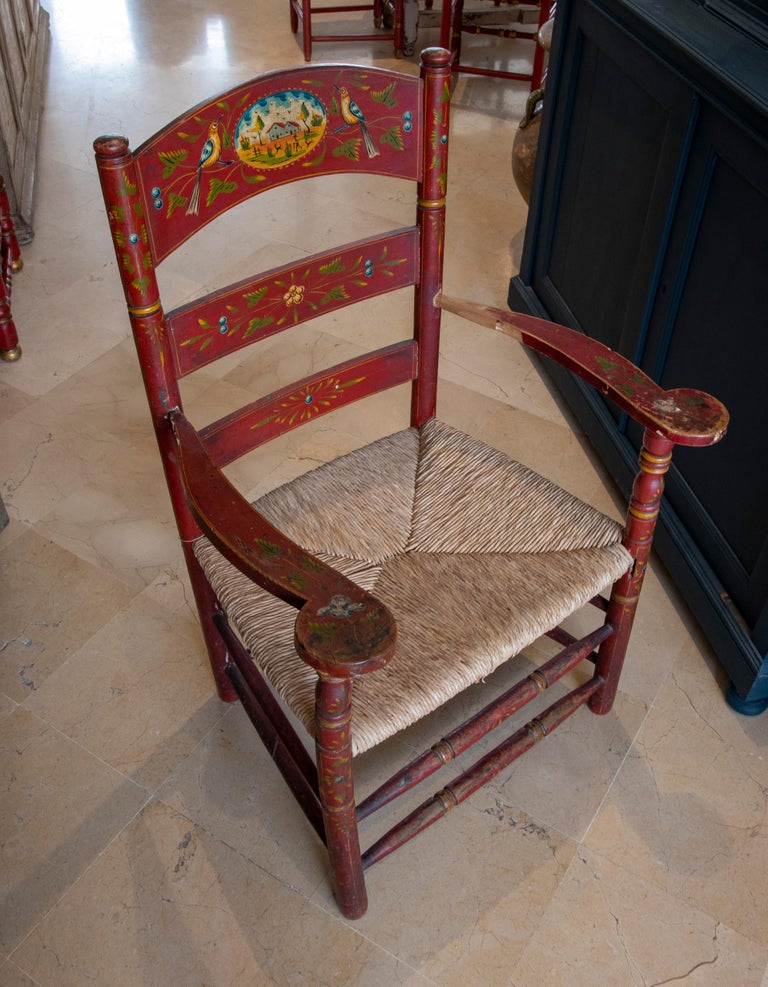 Spanish Pair of Hand Painted Wooden Armchairs with Bulrush Seats For