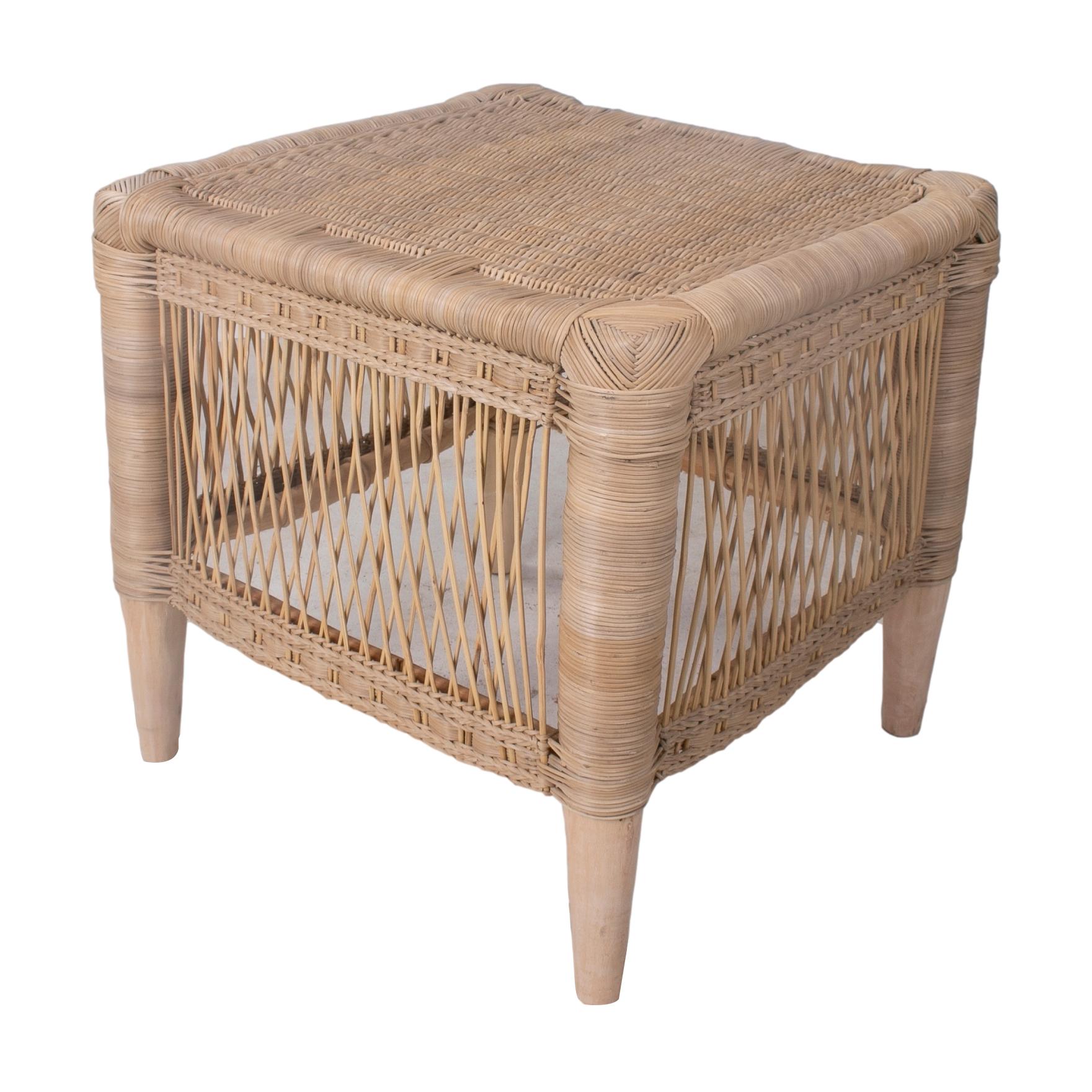 Spanish pair of hand woven rattan low stools.
