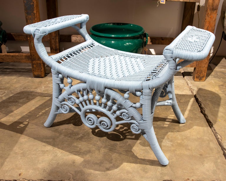 Spanish Pair of Handmade Wicker Stools Lacquered in Blue Colour For