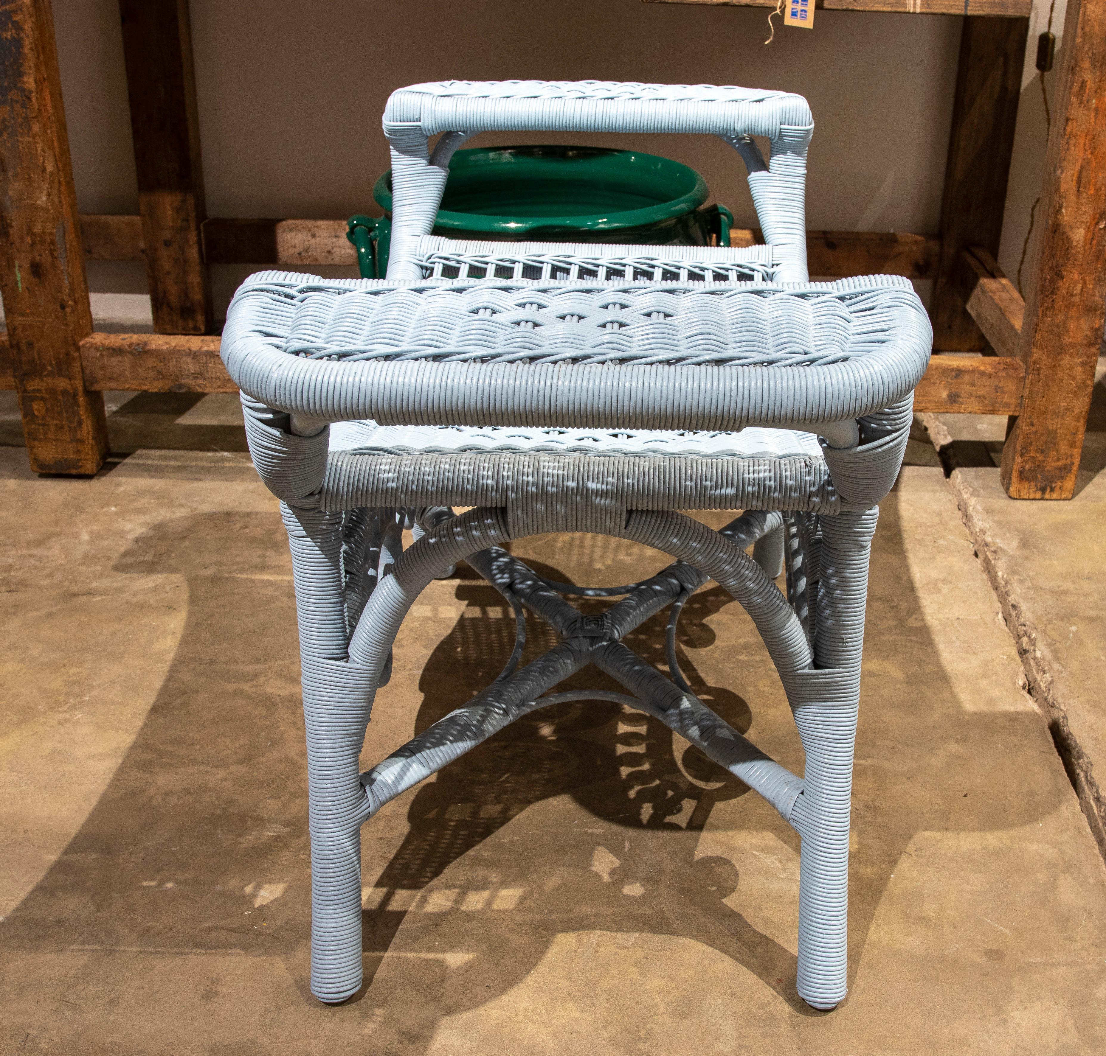 Contemporary Spanish Pair of Handmade Wicker Stools Lacquered in Blue Colour For Sale