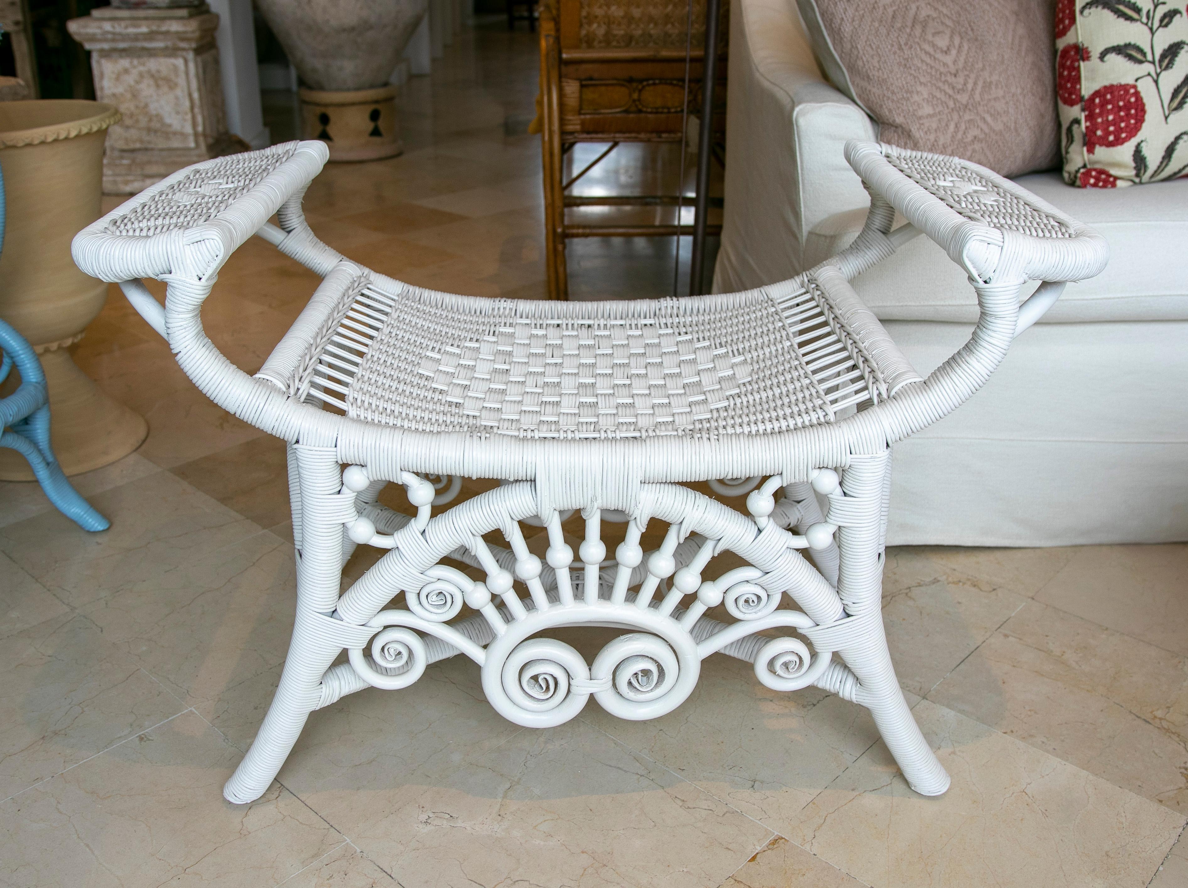 Spanish pair of handmade wicker stools lacquered in white colour.