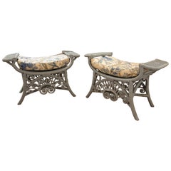 Spanish Pair of Handmade Wicker Stools Lacquered in White Colour
