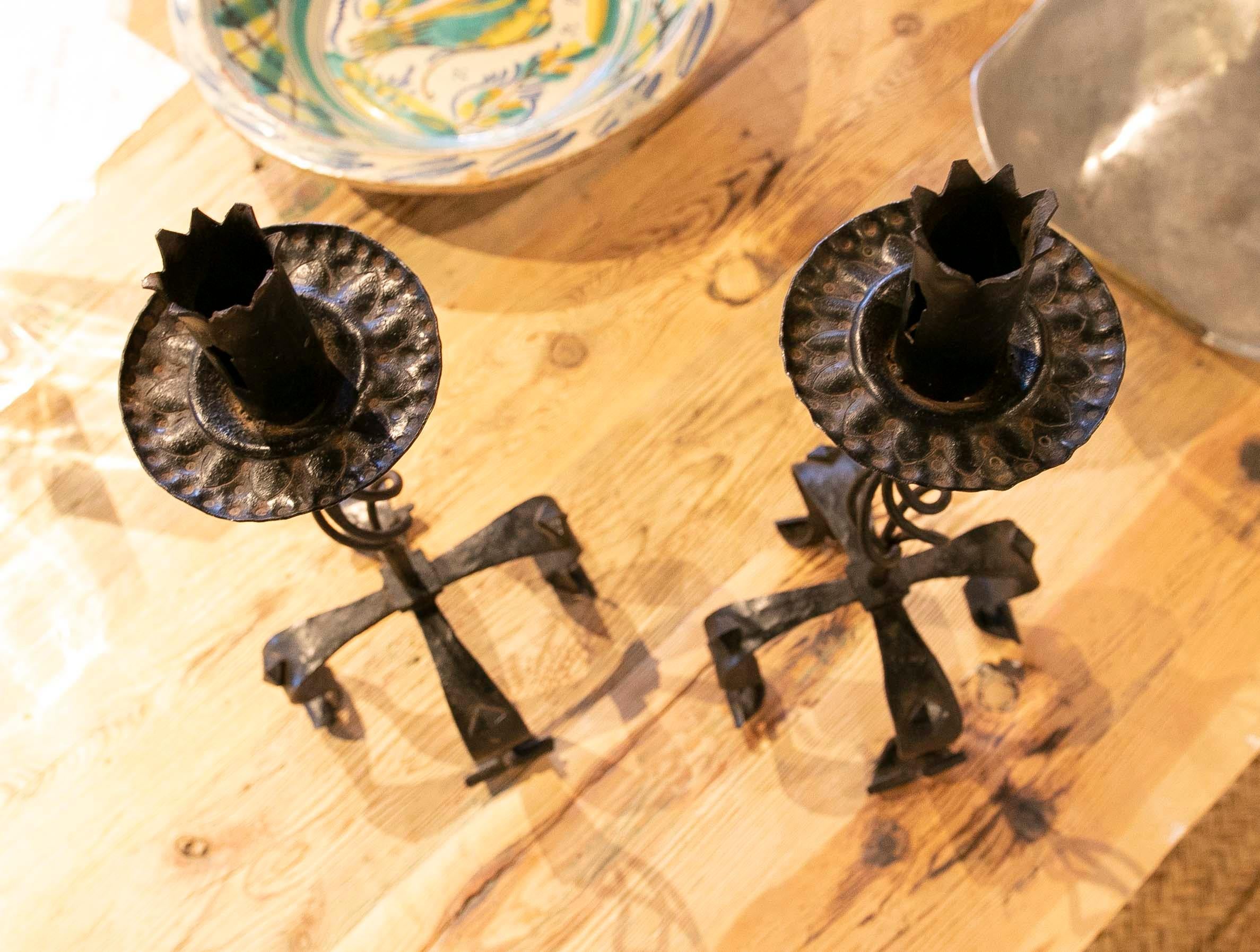 Spanish Pair of Iron Candlesticks with Four Legs For Sale 6