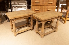 Spanish Pair of Natural Wooden Benches with Turned Legs