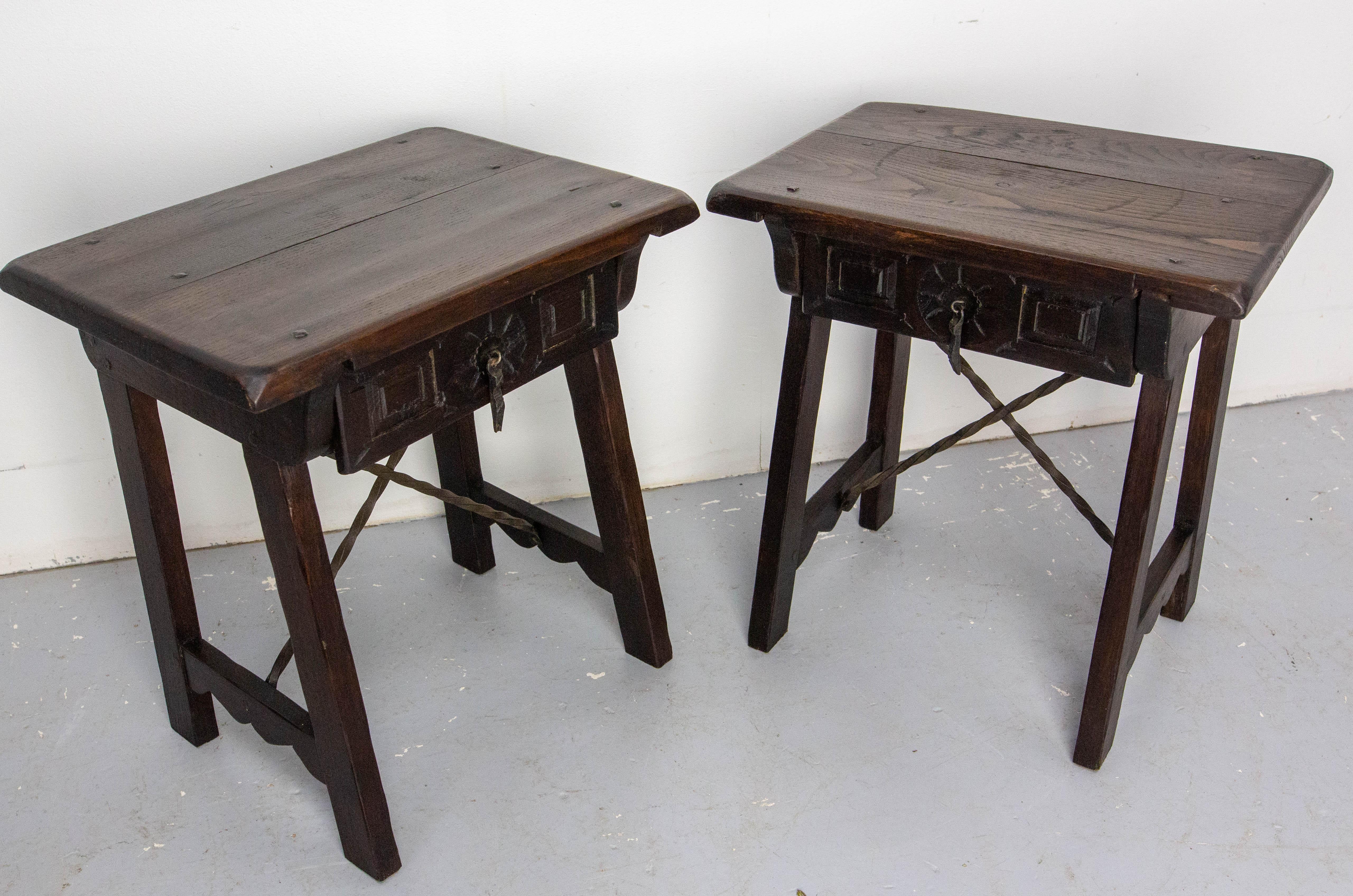 Spanish Pair of Nightstand Bedside Table Oak, Midcentury For Sale 1