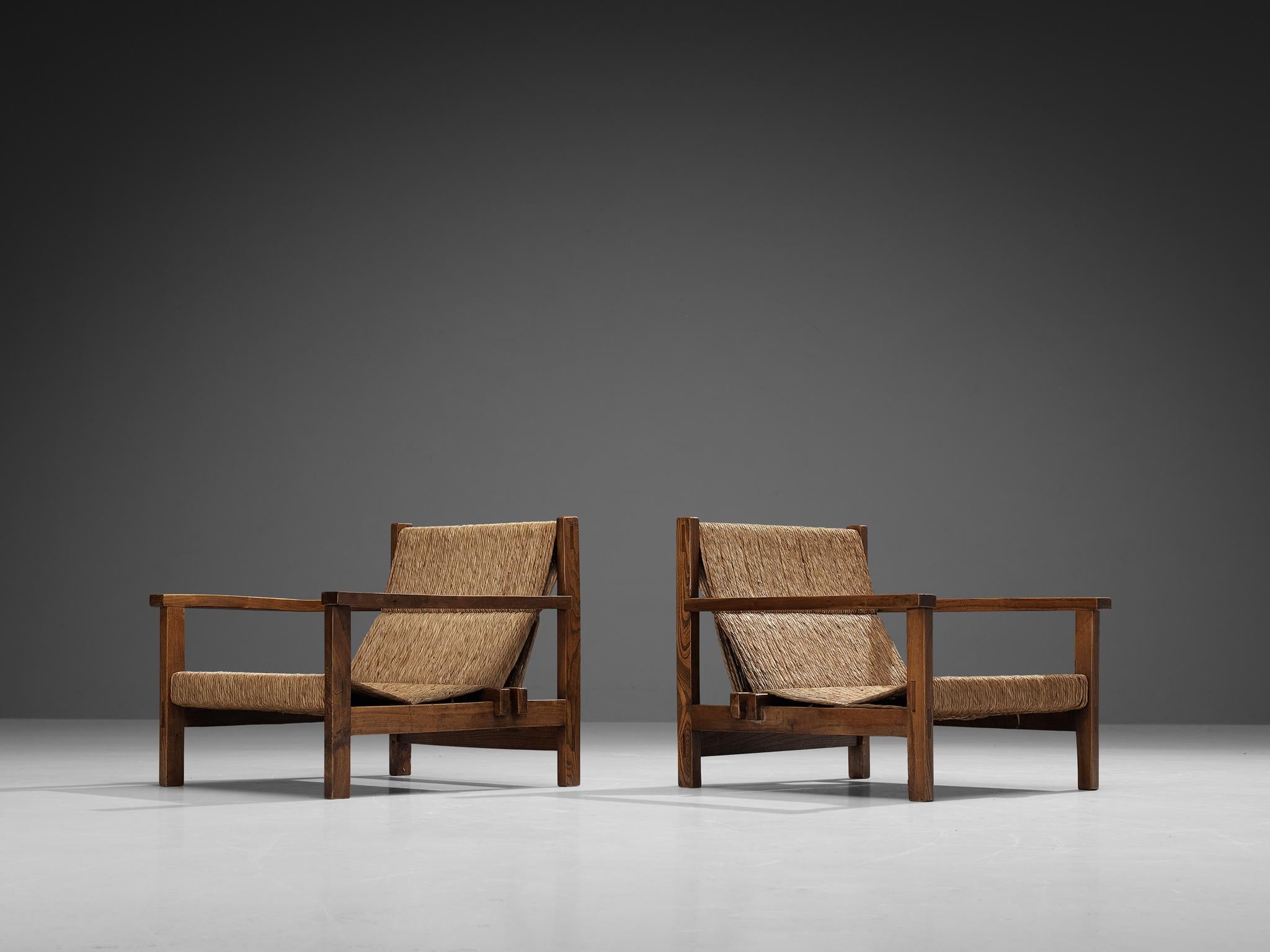 Mid-Century Modern Spanish Pair of Rustic Armchairs in Stained Elm and Straw