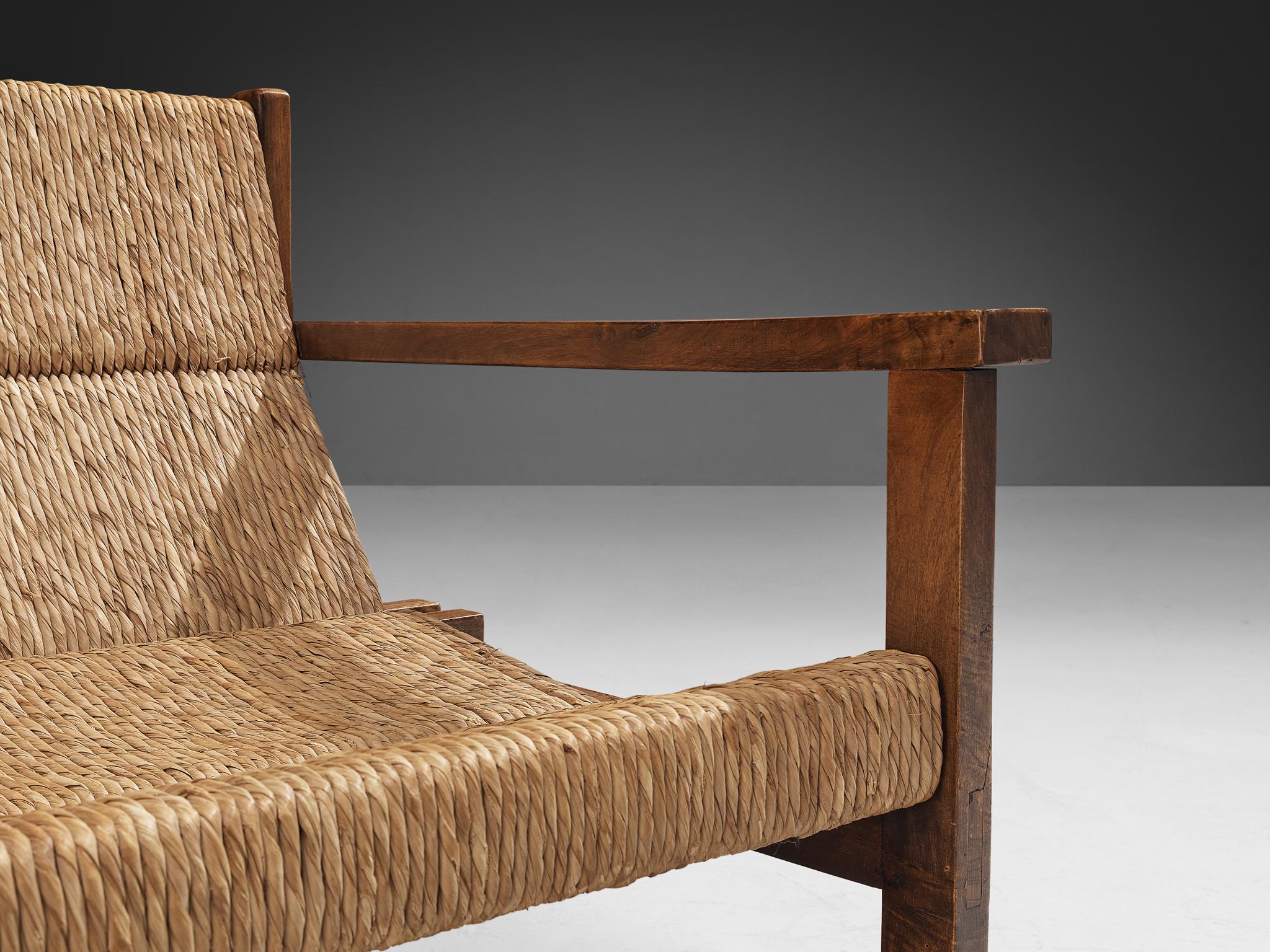 Mid-20th Century Spanish Pair of Rustic Armchairs in Stained Elm and Straw