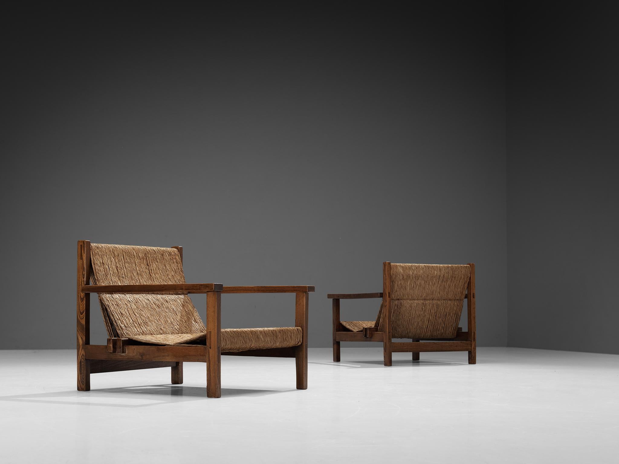 Spanish Pair of Rustic Armchairs in Stained Elm and Straw 1