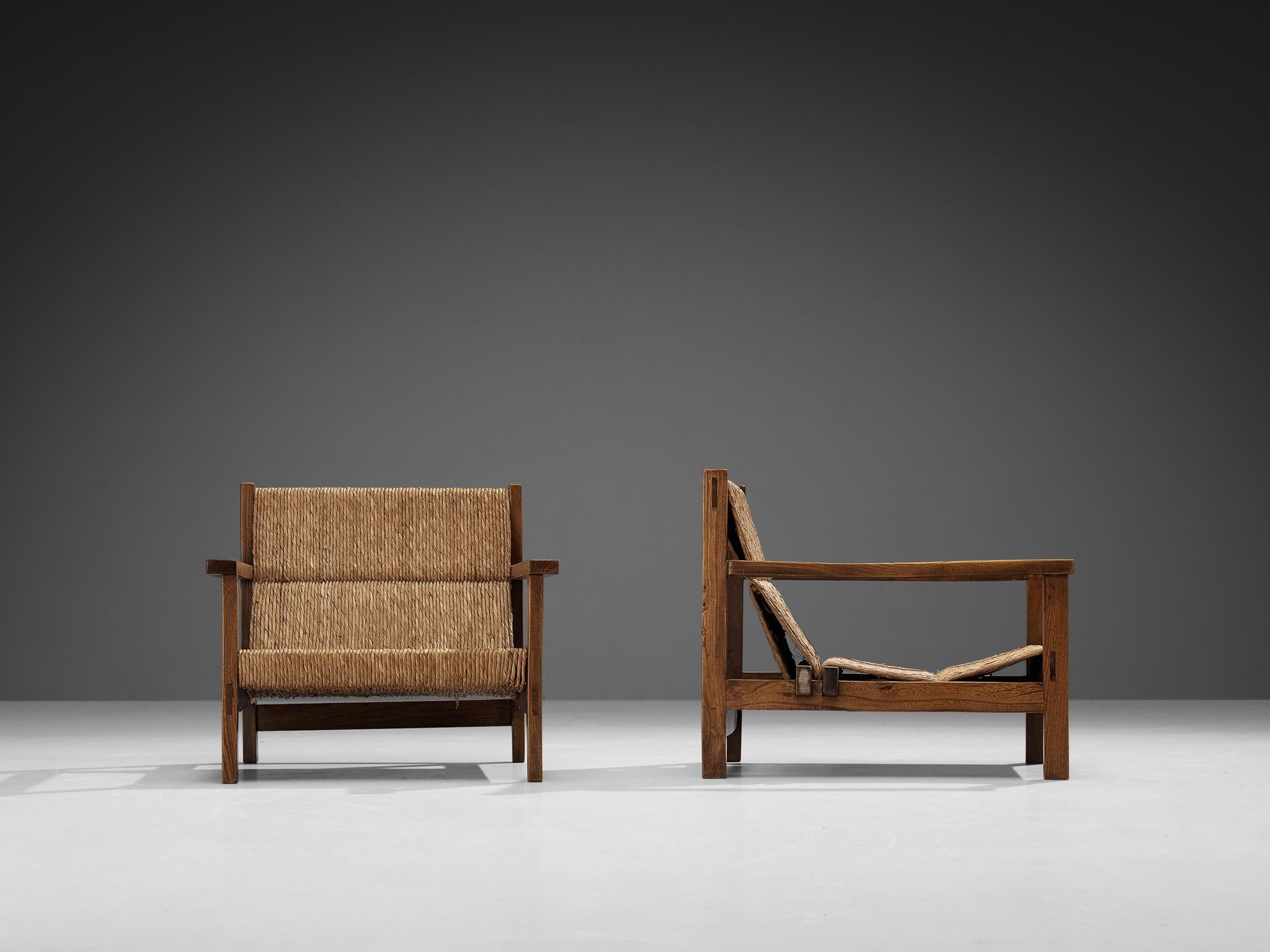 Spanish Pair of Rustic Armchairs in Stained Elm and Straw 4
