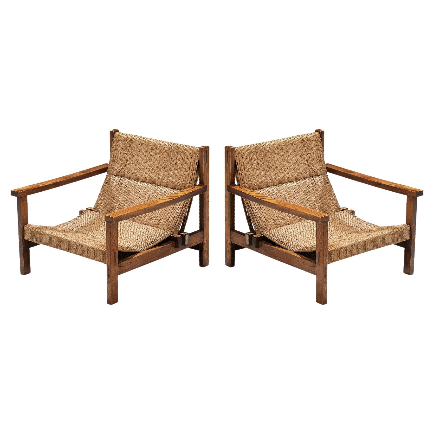 Spanish Pair of Rustic Armchairs in Stained Elm and Straw