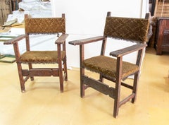Spanish Pair of Wooden Friar Armchairs with Velvet Upholstery