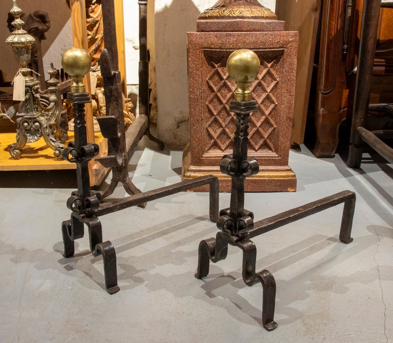Spanish Pair of Wrought Iron Morels with Bronze Ball Decoration For