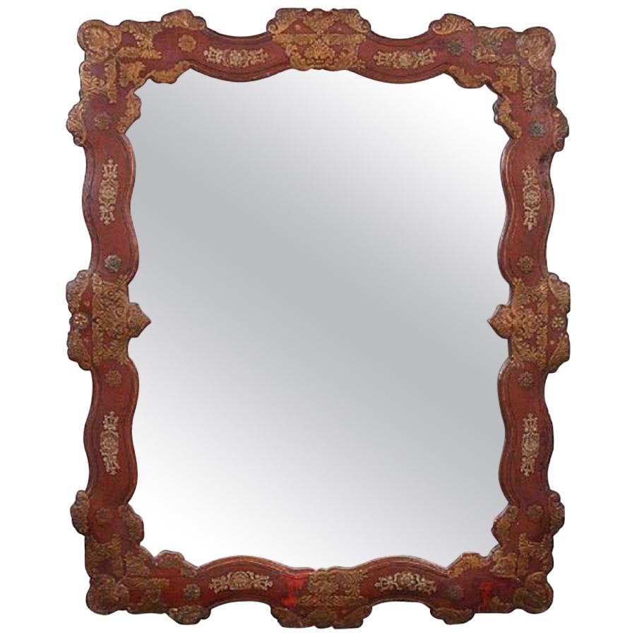 Spanish Parcel Gilt Red Leather Mirror