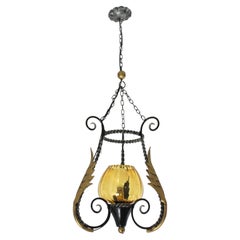 Spanish Pendant Light in Iron and Amber Glass with Gilt Foliage Details, 1950s