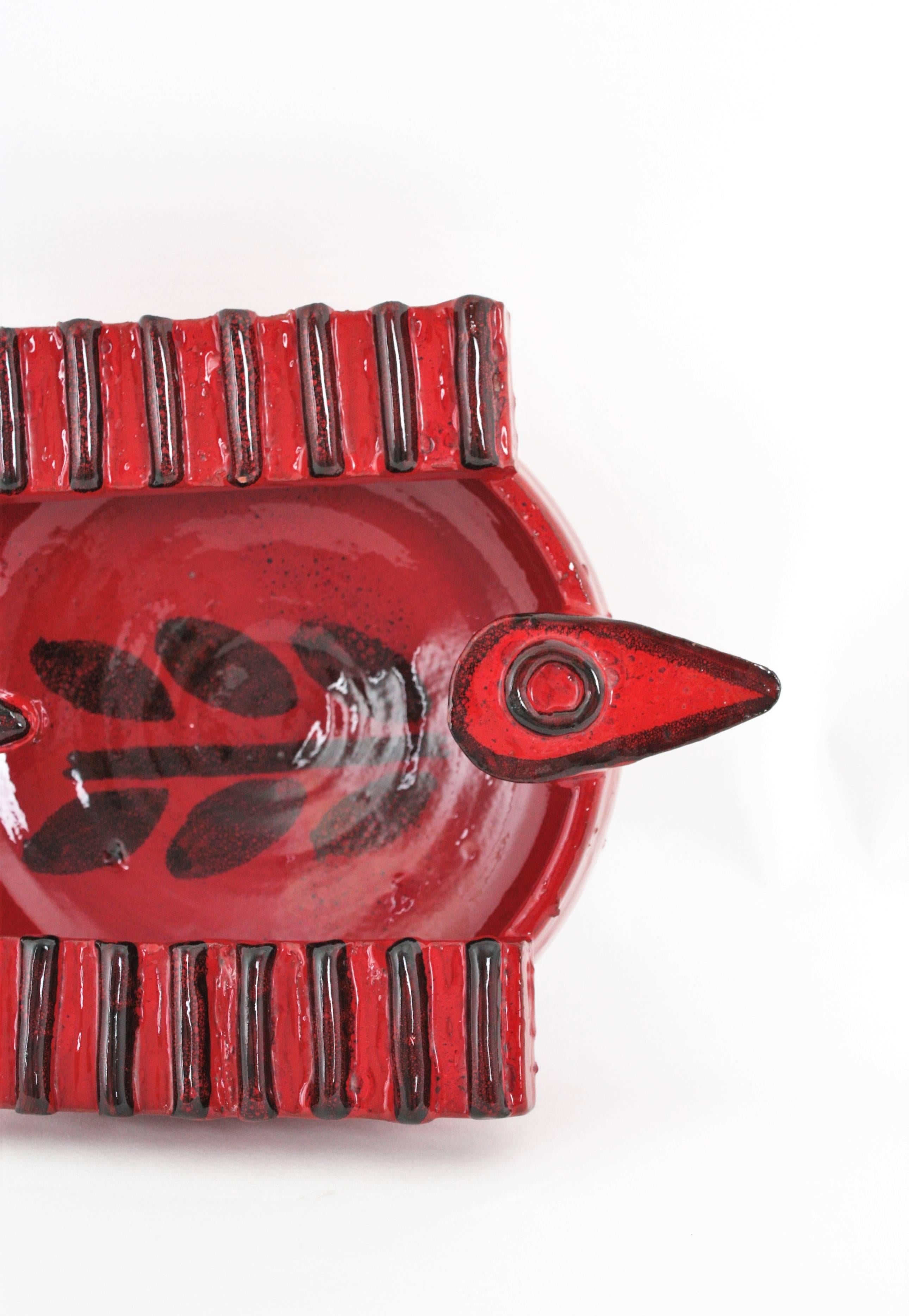 Hand-Crafted Spanish Picasso Era Red Ceramic Bird Shape Ashtray / Bowl, 1950s