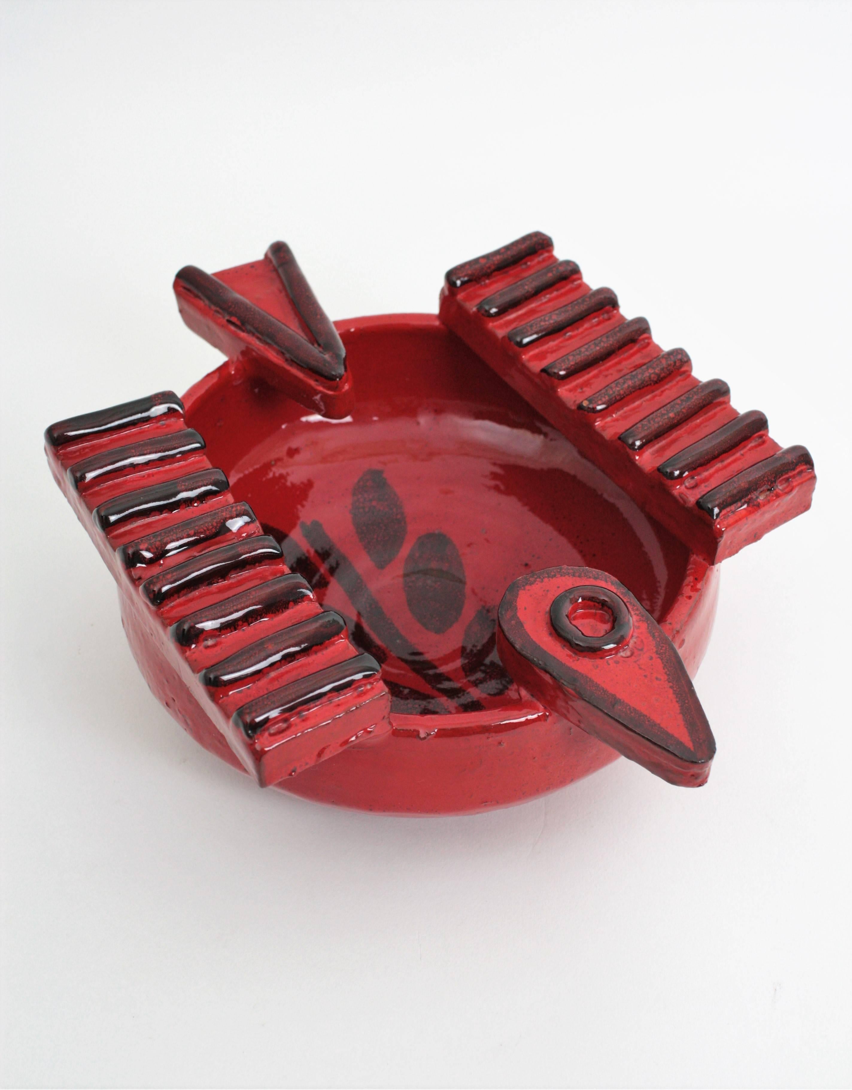 Clay Spanish Picasso Era Red Ceramic Bird Shape Ashtray / Bowl, 1950s