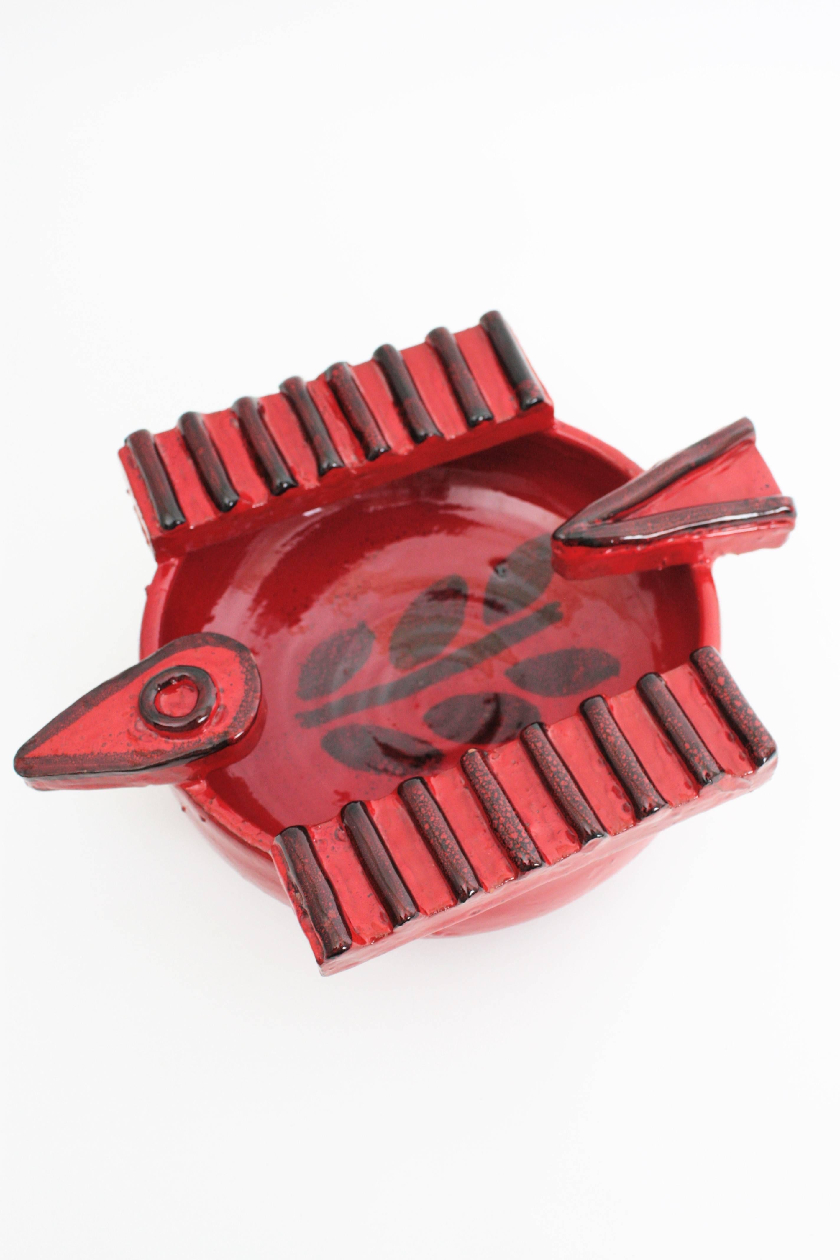 Spanish Picasso Era Red Ceramic Bird Shape Ashtray / Bowl, 1950s 1