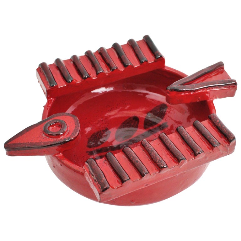 Spanish Picasso Era Bird Shaped Bowl / Ashtray in Red Glazed Ceramic