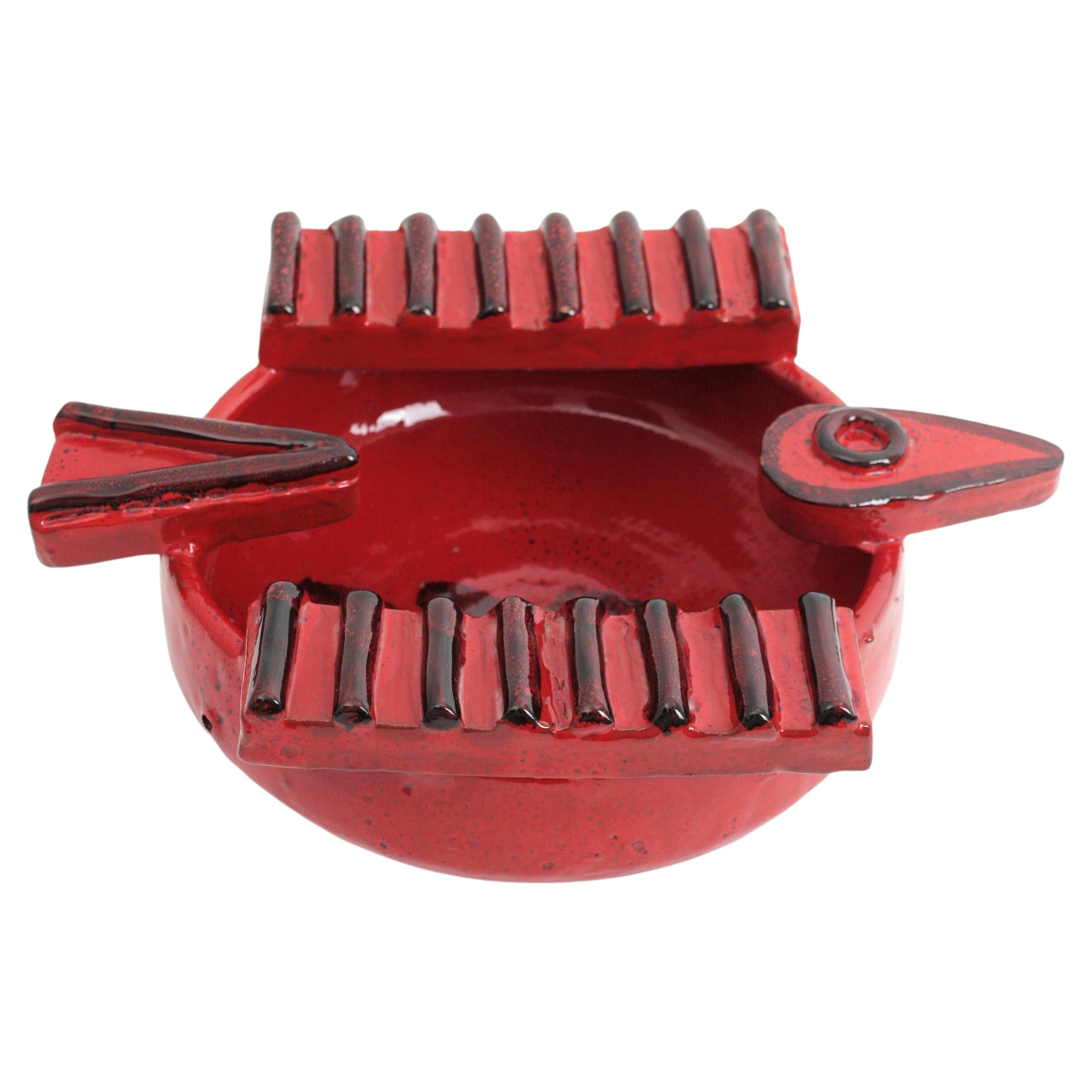 Mid-Century Modern Spanish Picasso Era Red Ceramic Bird Shape Ashtray / Bowl, 1950s