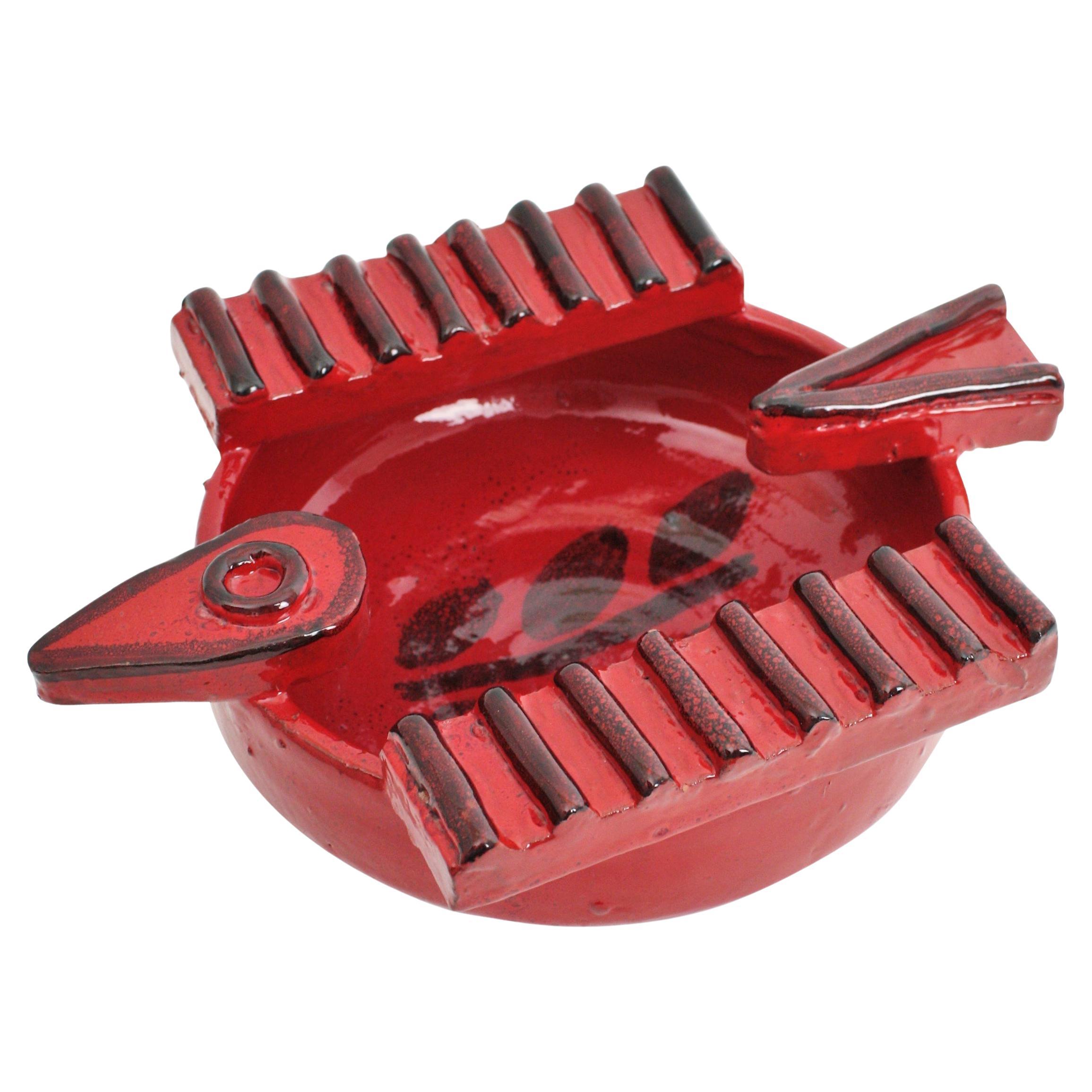 Spanish Picasso Era Red Ceramic Bird Shape Ashtray / Bowl, 1950s