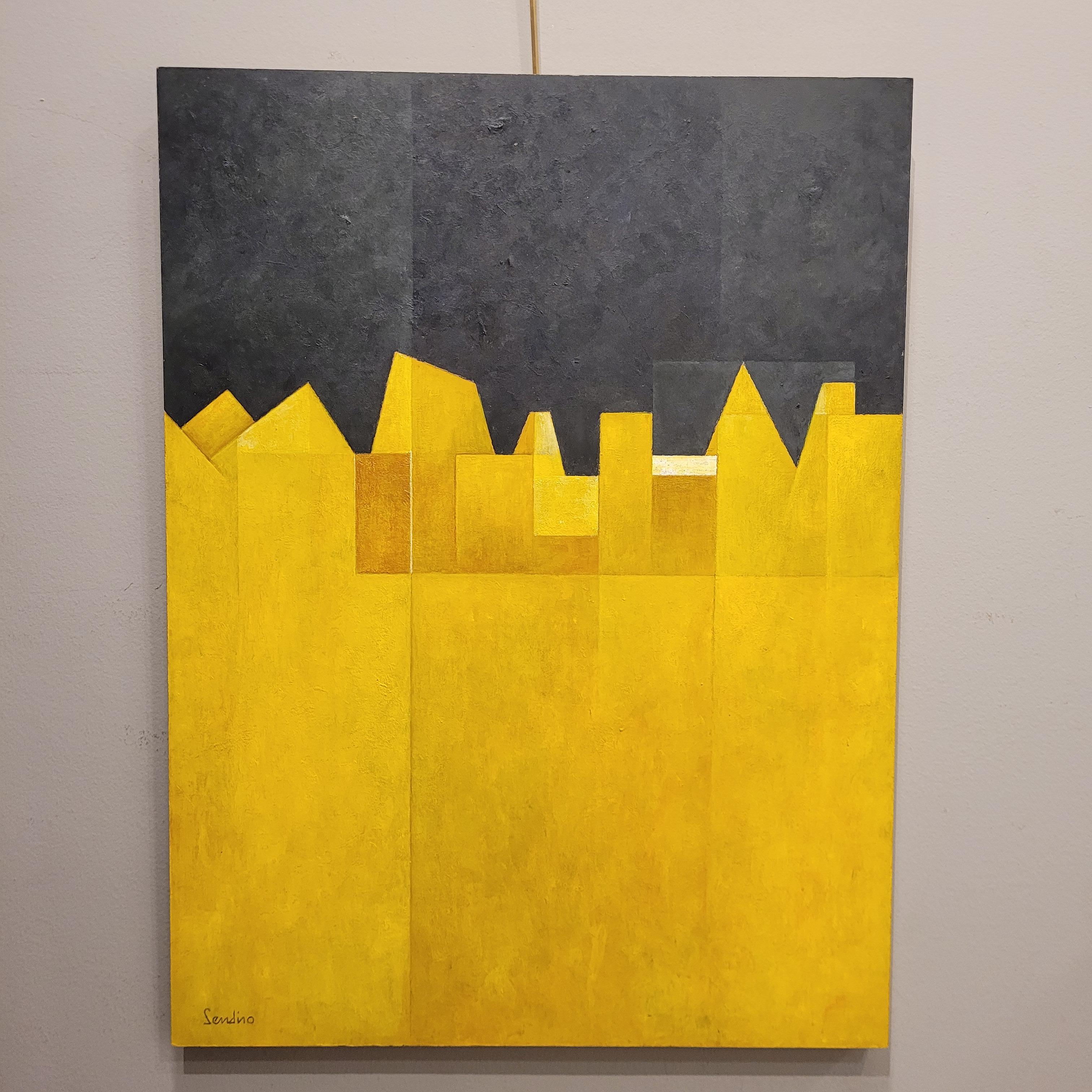 Hand-Painted Spanish pictorial work Yellow black Encáustica water “Lateral movement”, J. Send