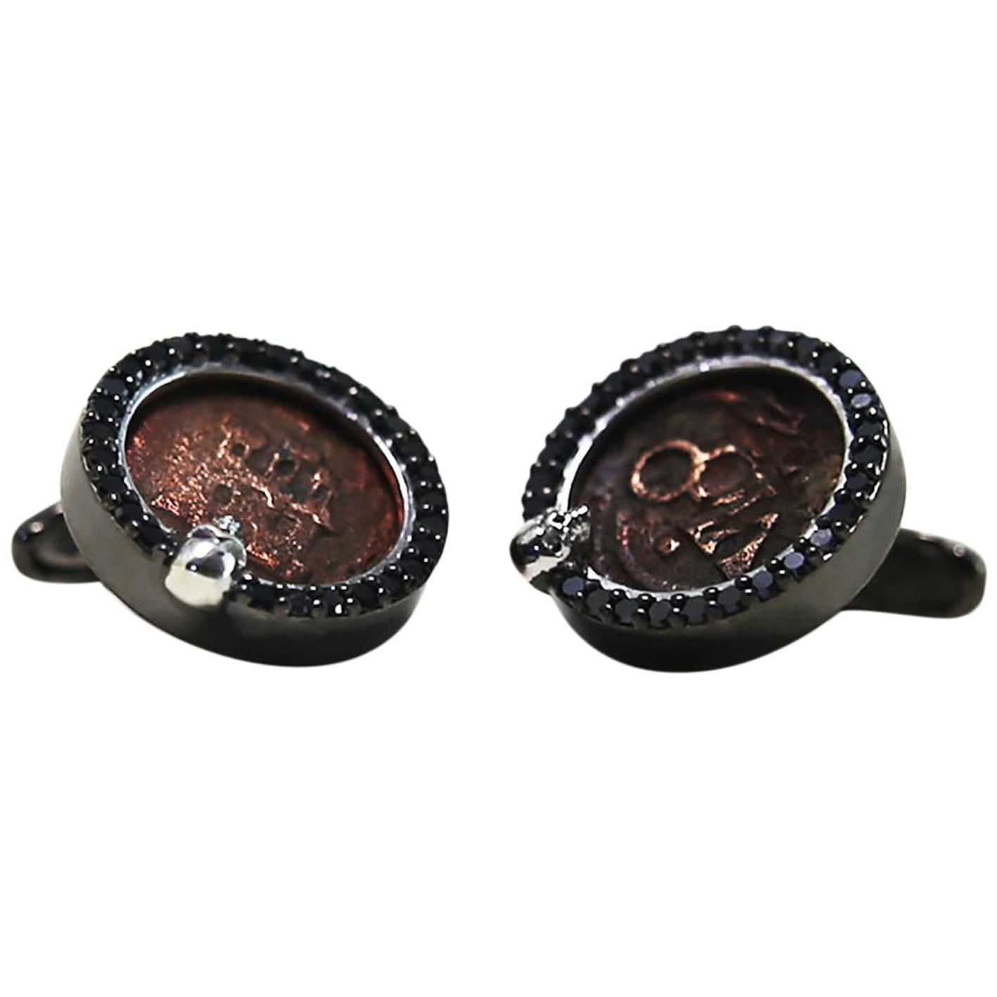 Spanish Pirate Coin Cufflinks  Black Diamonds Black Rhodium For Sale