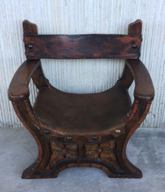 Spanish Polychrome andCarved Savonarola Wooden Armchair Leather Seat