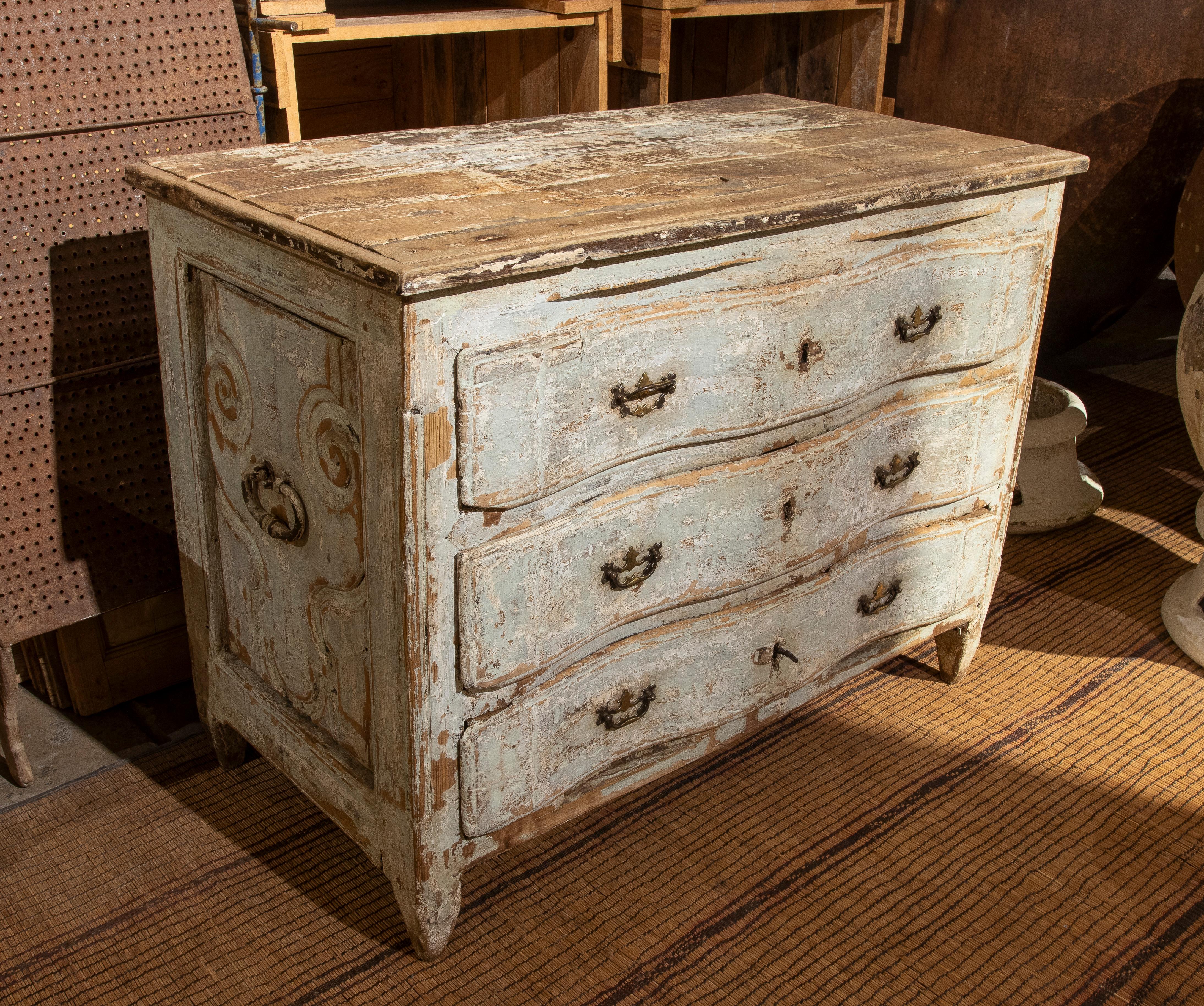 Hand-Painted Spanish Polychrome Chest of Drawers with Three Drawers and Bronze Handles  For Sale