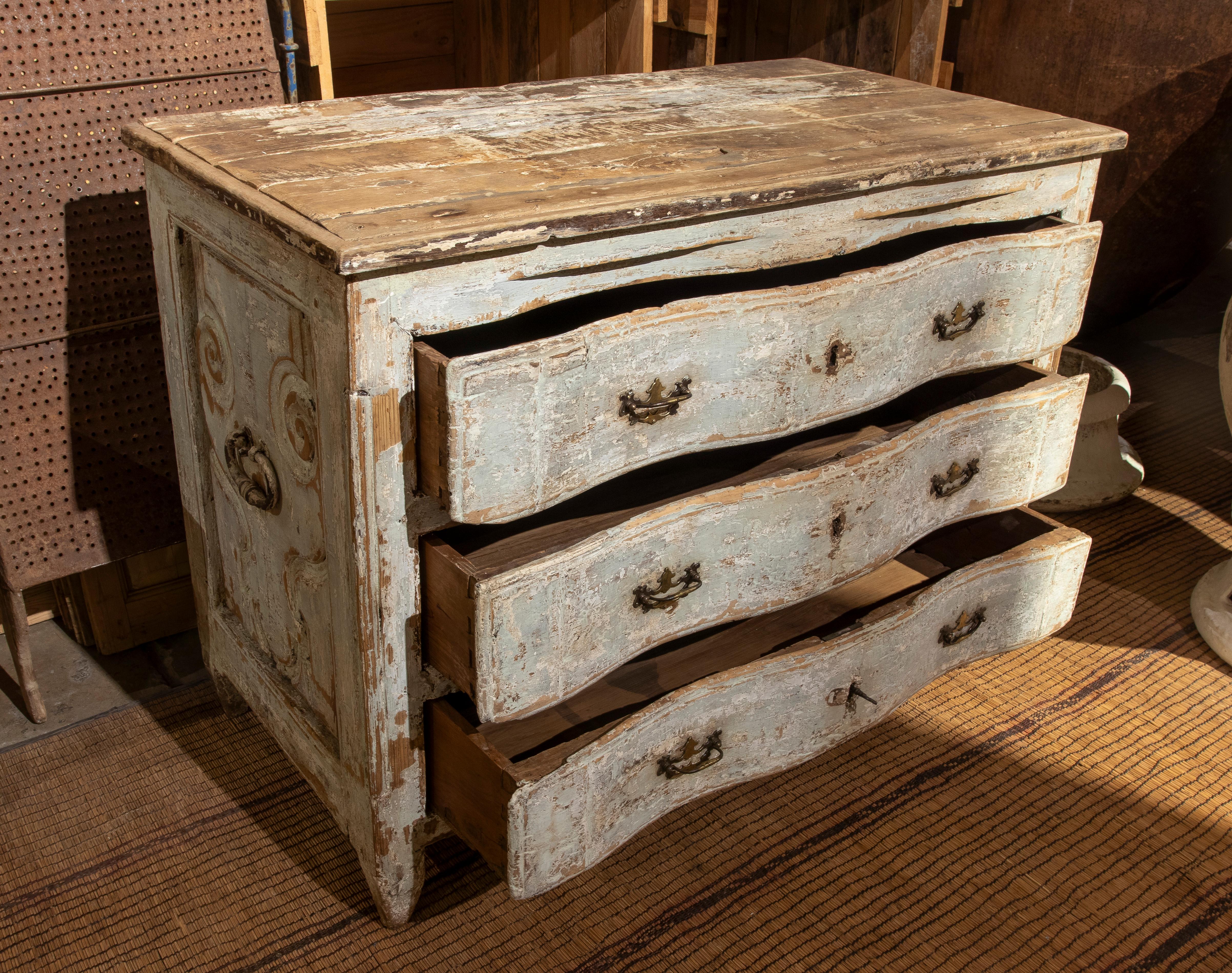 19th Century Spanish Polychrome Chest of Drawers with Three Drawers and Bronze Handles  For Sale