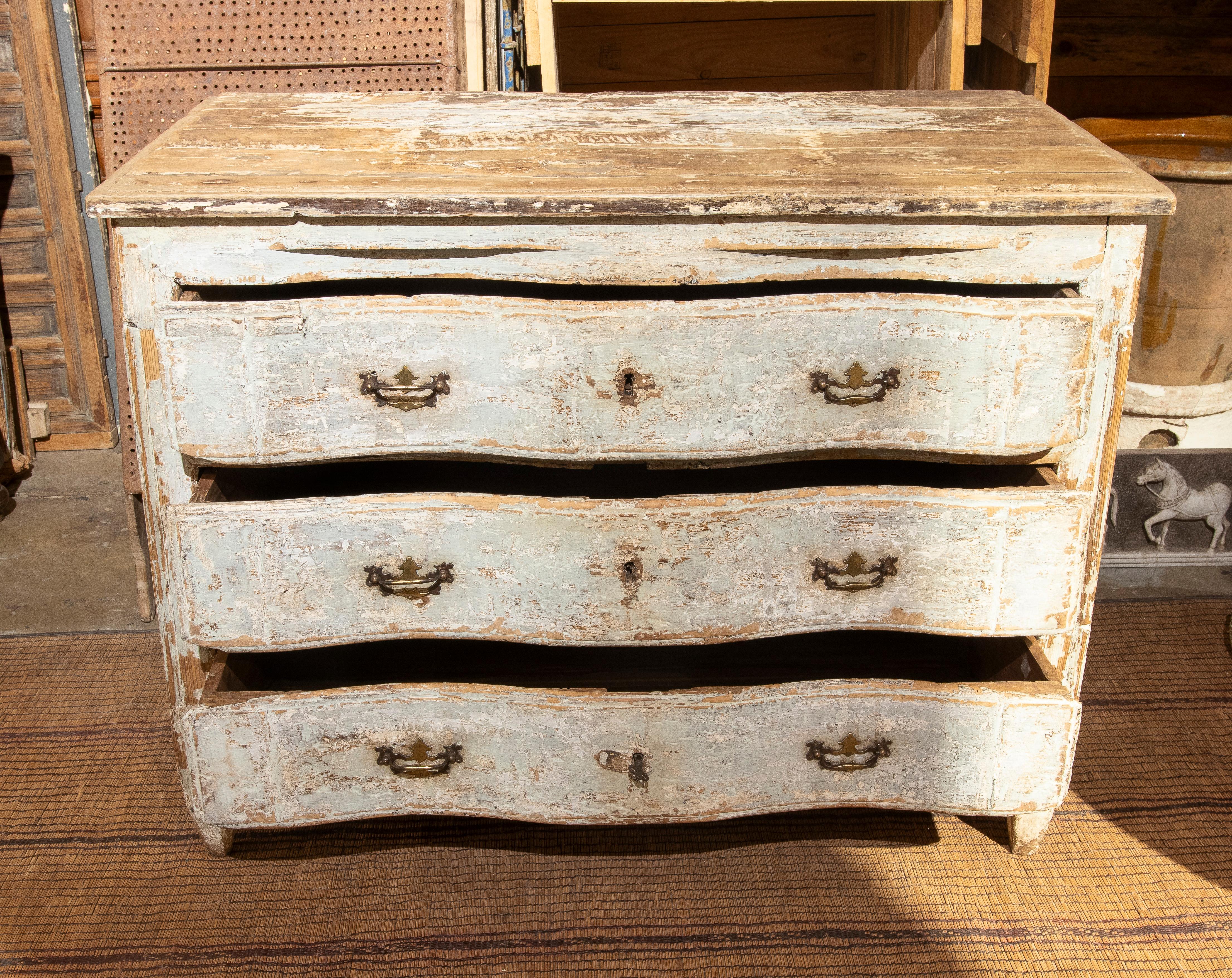 Wood Spanish Polychrome Chest of Drawers with Three Drawers and Bronze Handles  For Sale