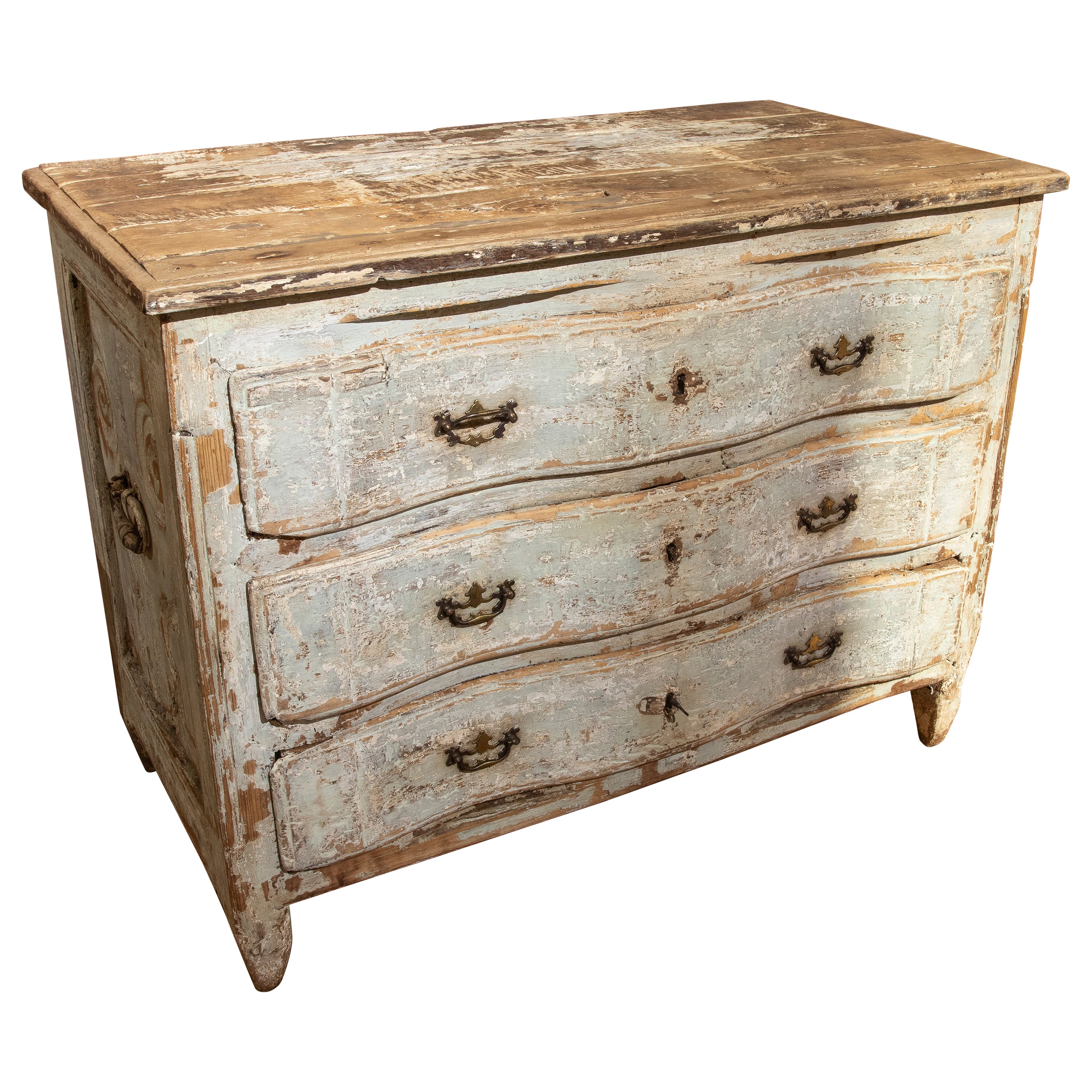 Spanish Polychrome Chest of Drawers with Three Drawers and Bronze Handles