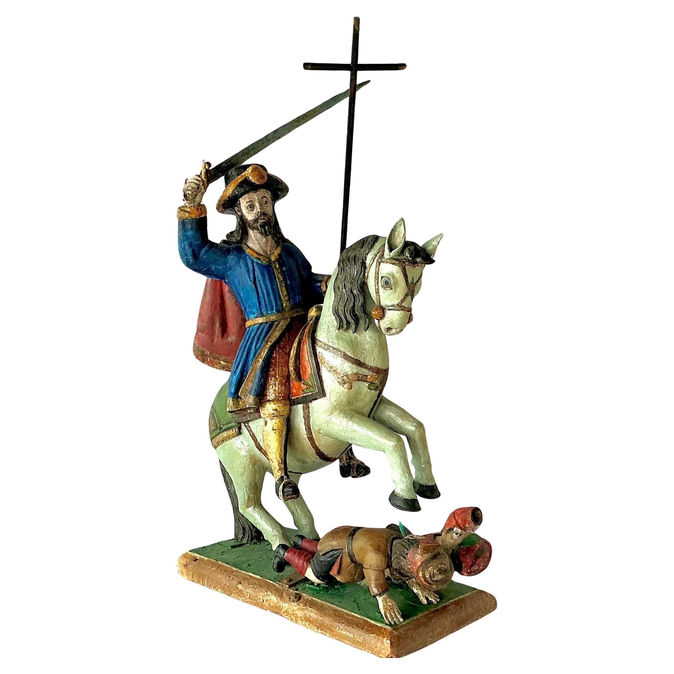 Spanisch Polychrome Wood Figurale Skulptur von Santiago Matamoros