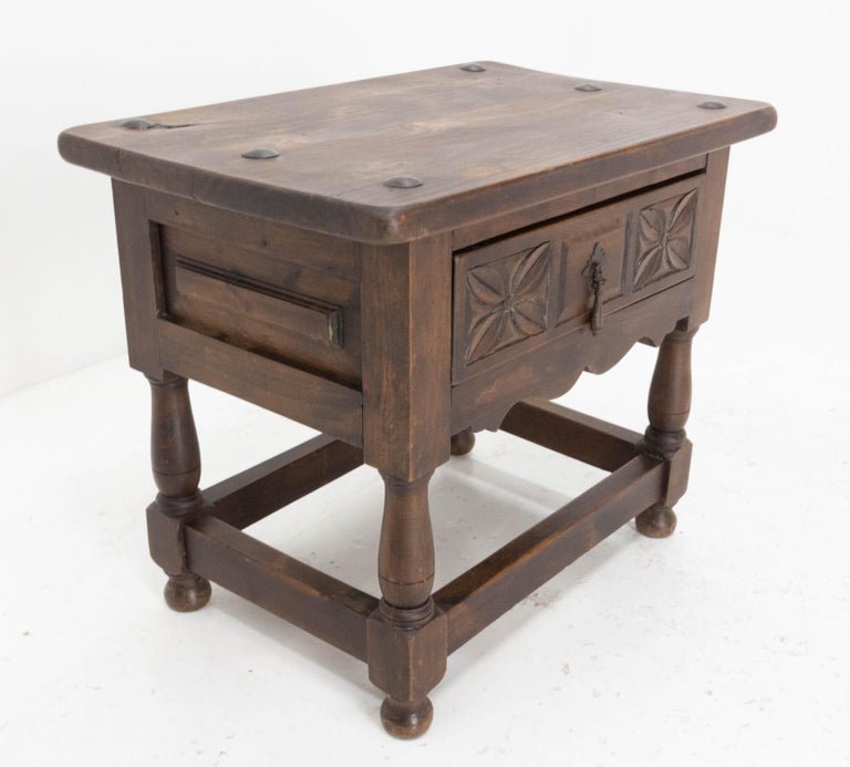 Spanish Poplar Side Nightstand Bedside Table with Studs, circa