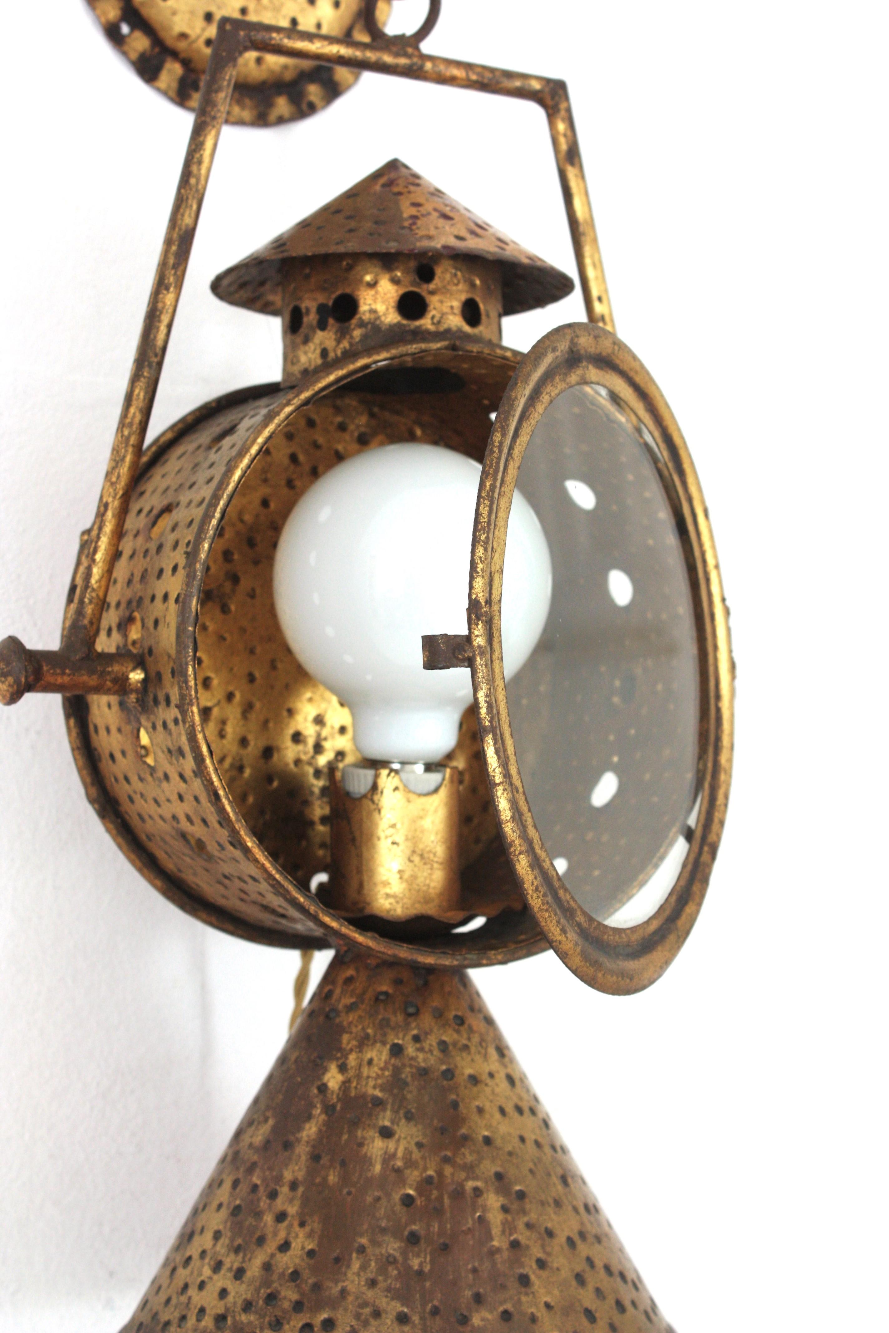 Spanish Railway Design Large Hanging Wall Lantern or Sconce in Gilt Iron For Sale 6