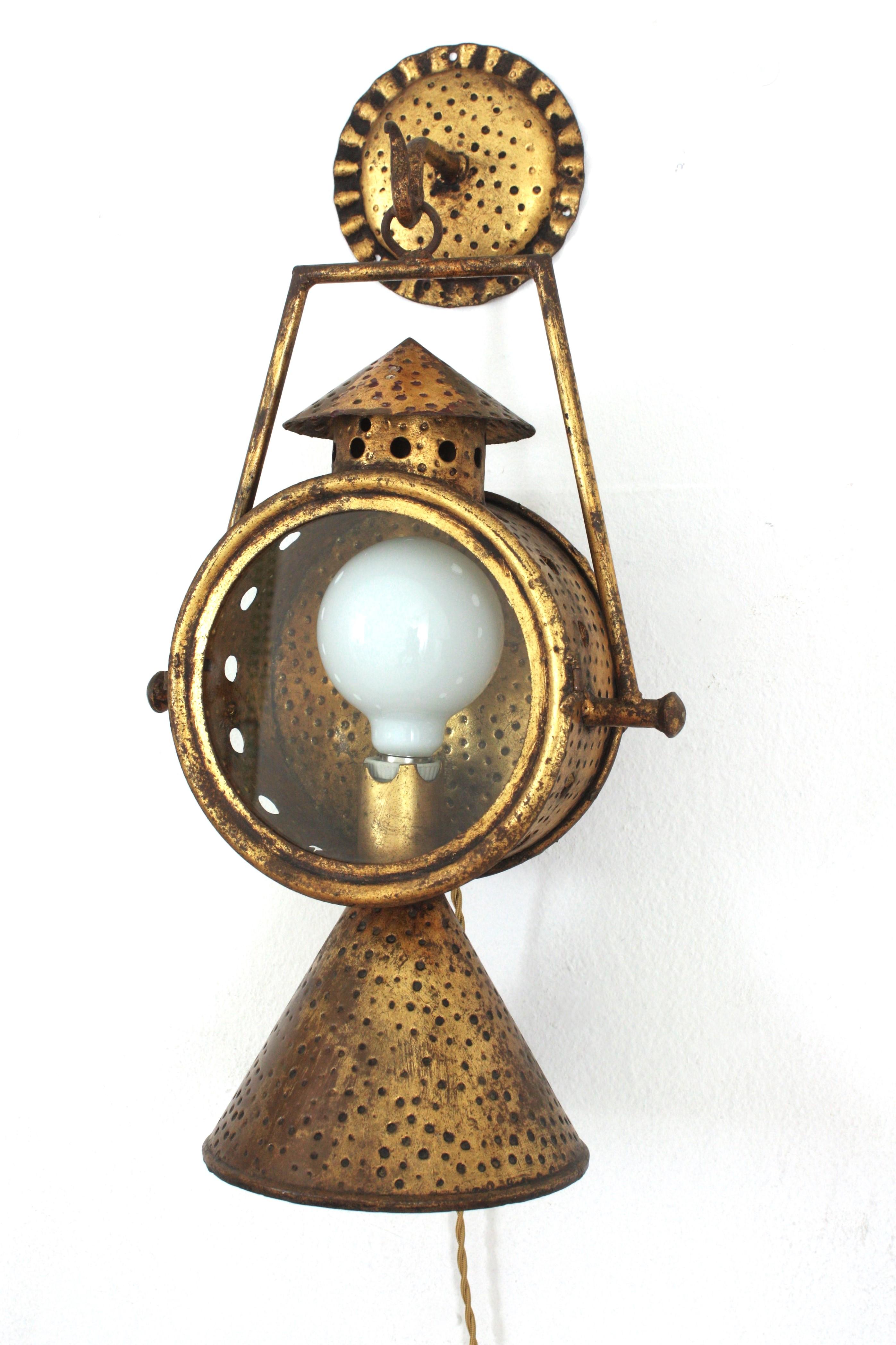 Spanish Railway Design Large Hanging Wall Lantern or Sconce in Gilt Iron For Sale 8