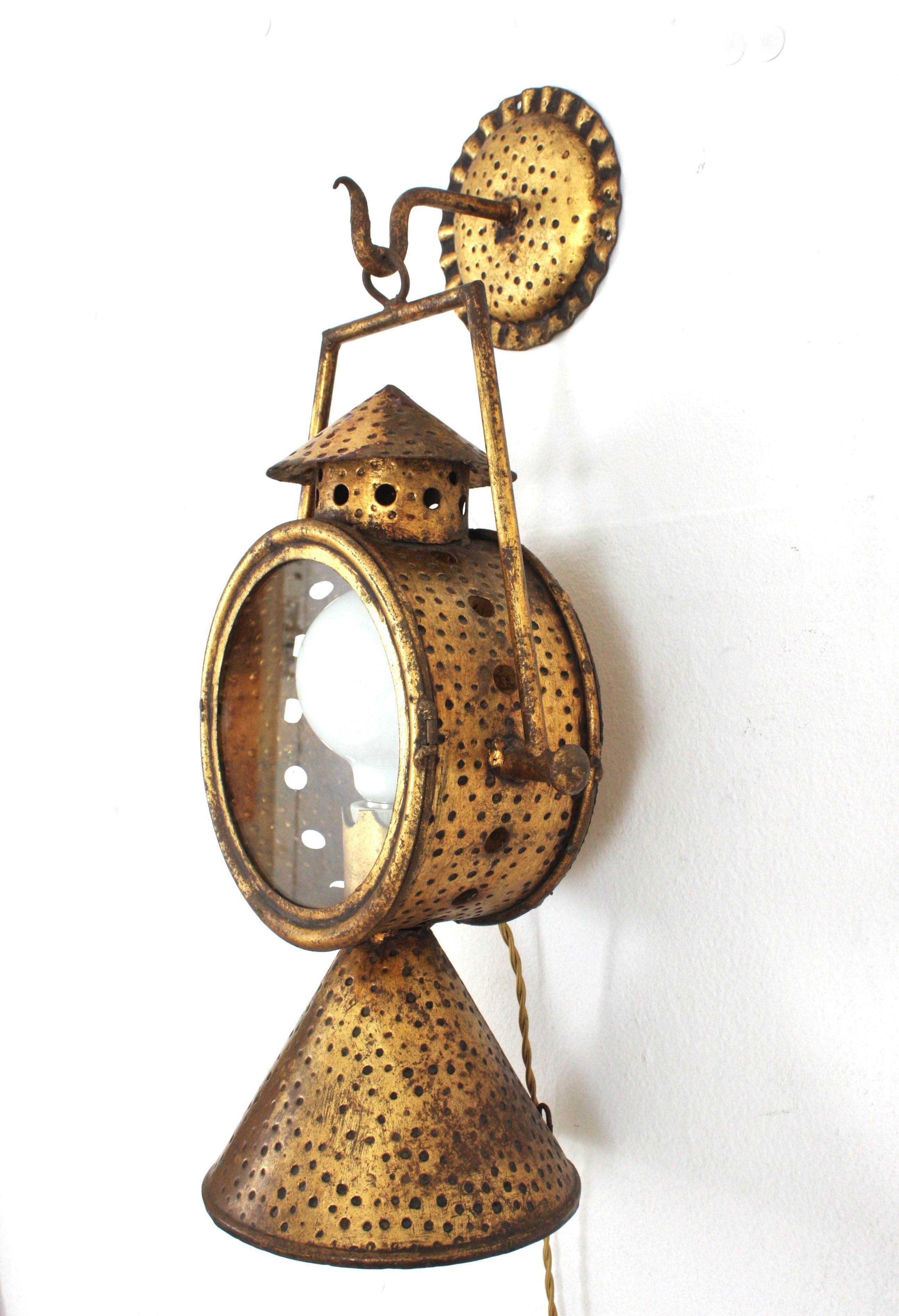 Spanish Railway Design Large Hanging Wall Lantern or Sconce in Gilt Iron For Sale 10