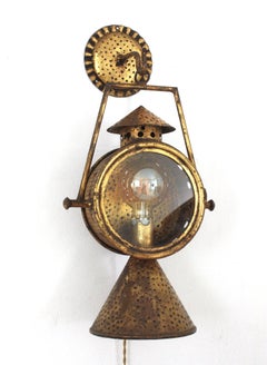 Spanish Railway Design Large Hanging Wall Lantern or Sconce in Gilt Iron
