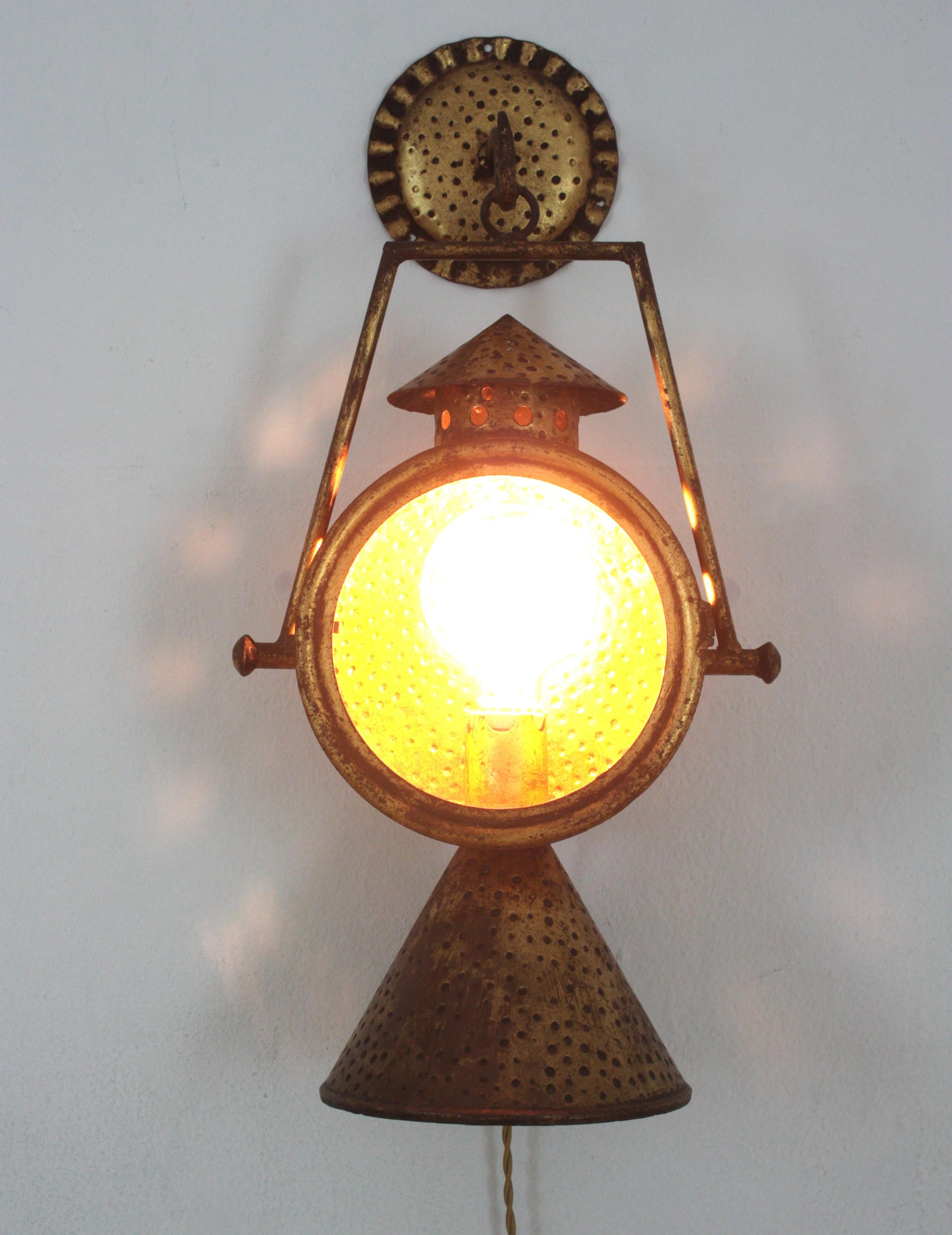 Hollywood Regency Spanish Railway Design Large Hanging Wall Lantern or Sconce in Gilt Iron For Sale