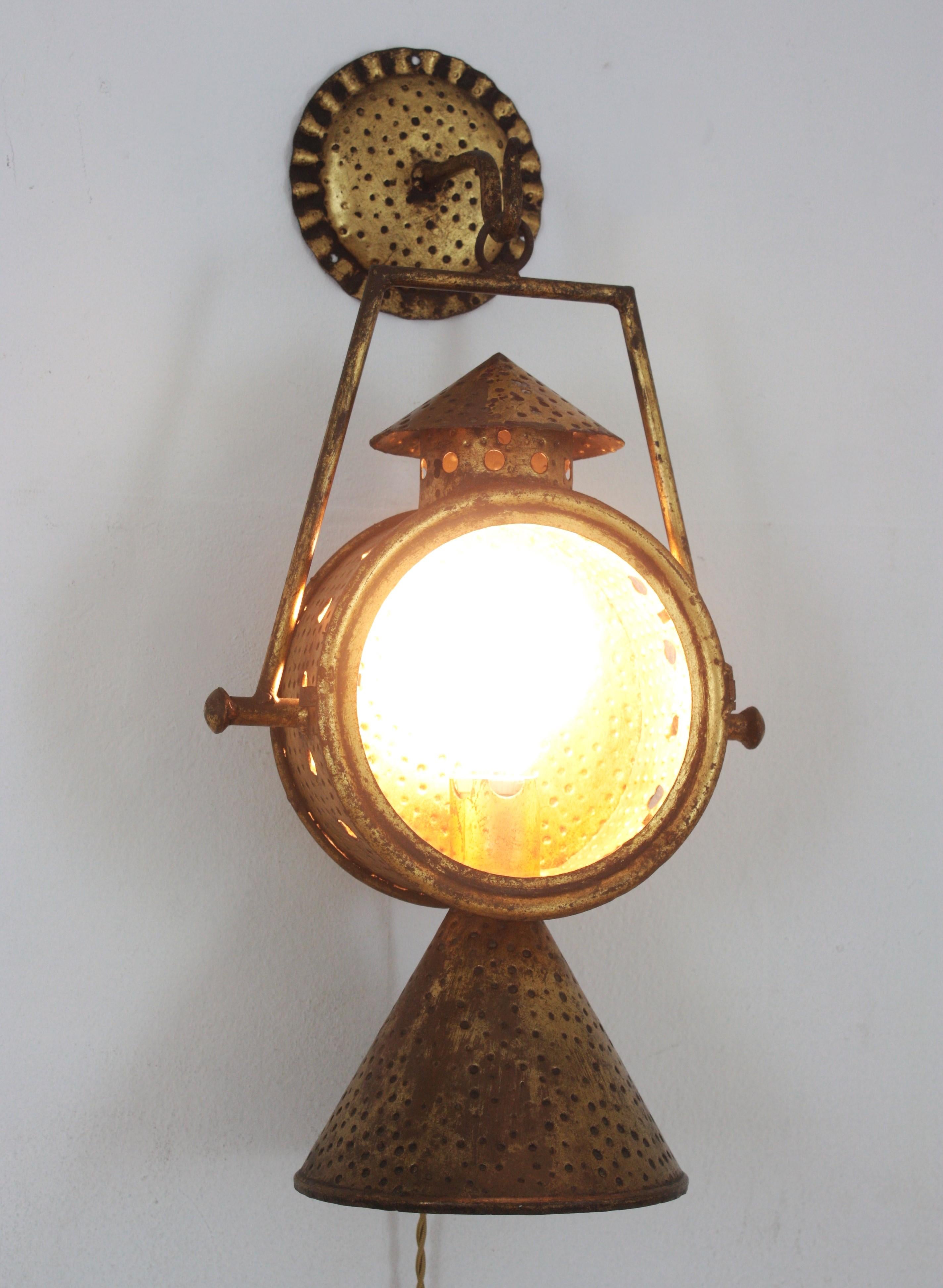 20th Century Spanish Railway Design Large Hanging Wall Lantern or Sconce in Gilt Iron For Sale