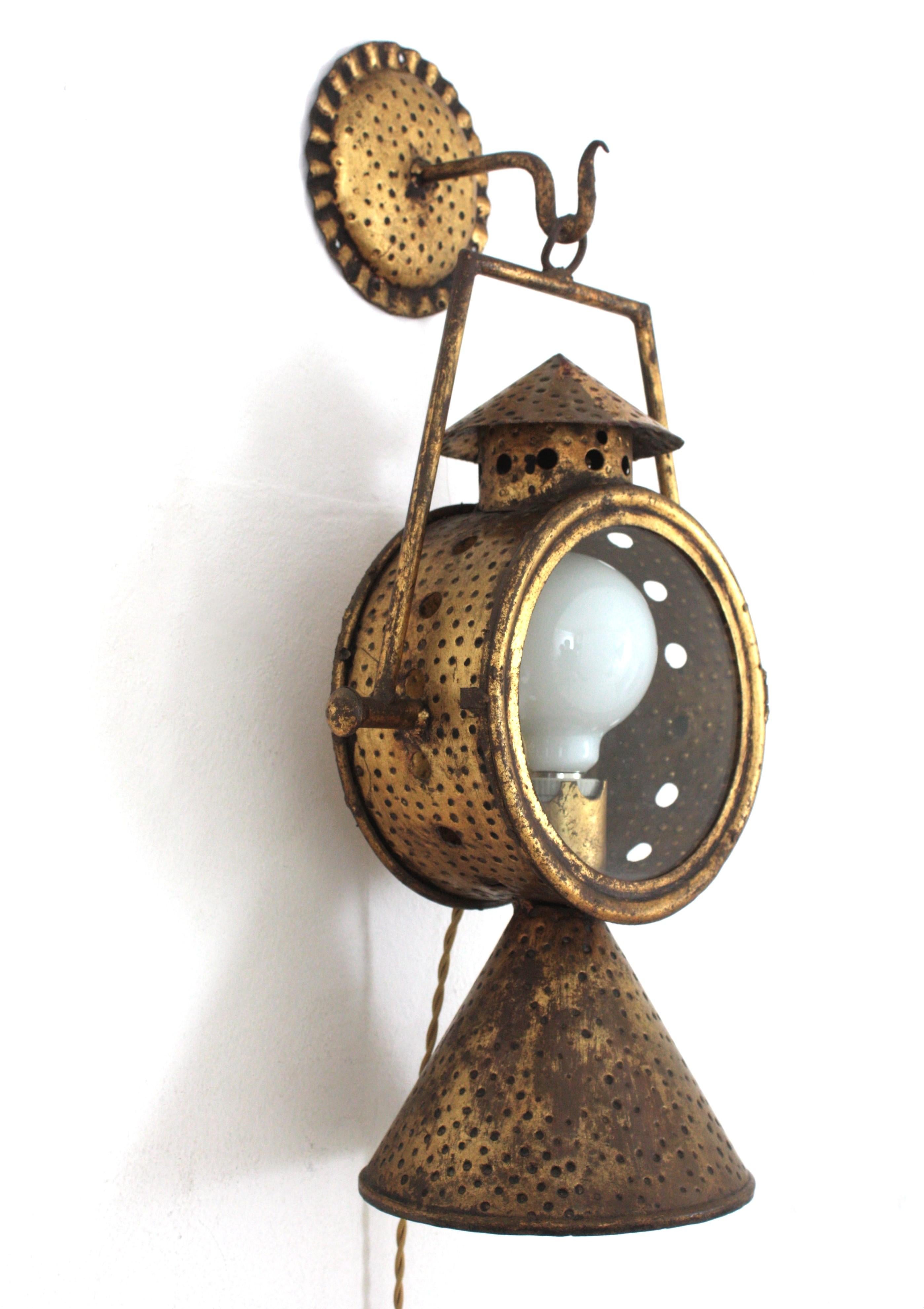 Spanish Railway Design Large Hanging Wall Lantern or Sconce in Gilt Iron For Sale 4