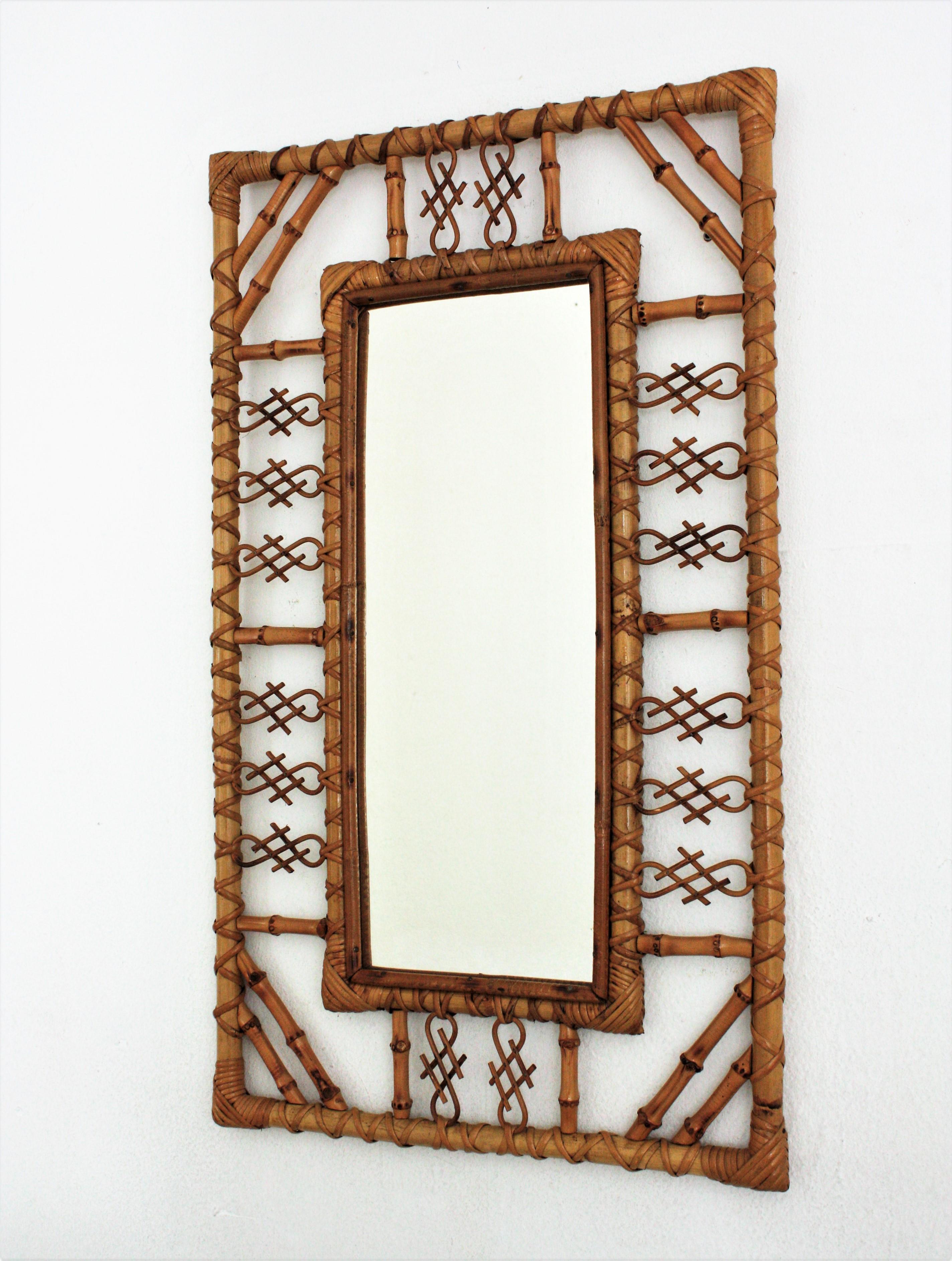 Spanish Rattan and Bamboo Mirror in Chinoiserie Design, 1960s 5