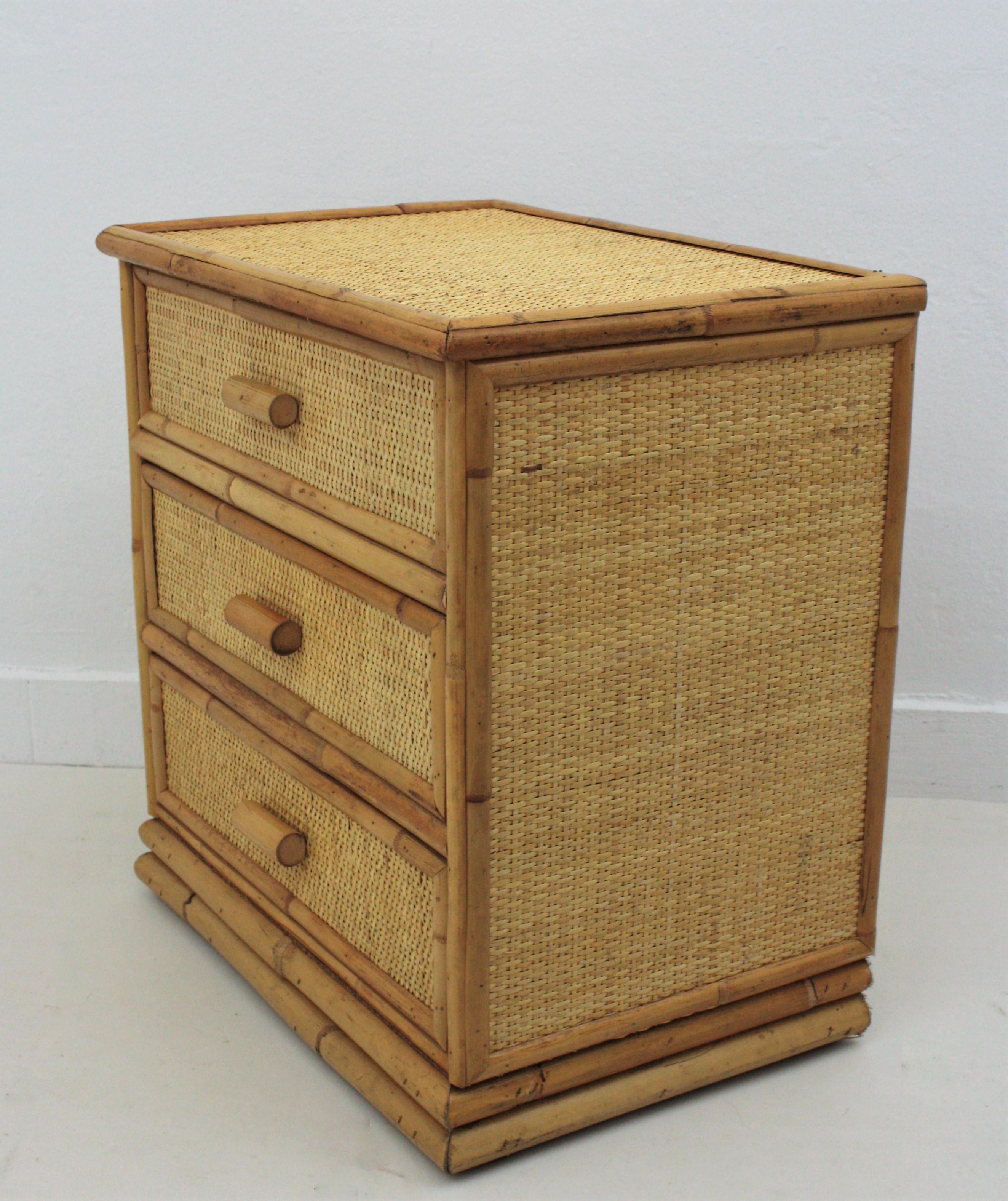 Spanish Three-Drawer Chest, End Table or nightstand in Rattan and Bamboo, 1970s 3