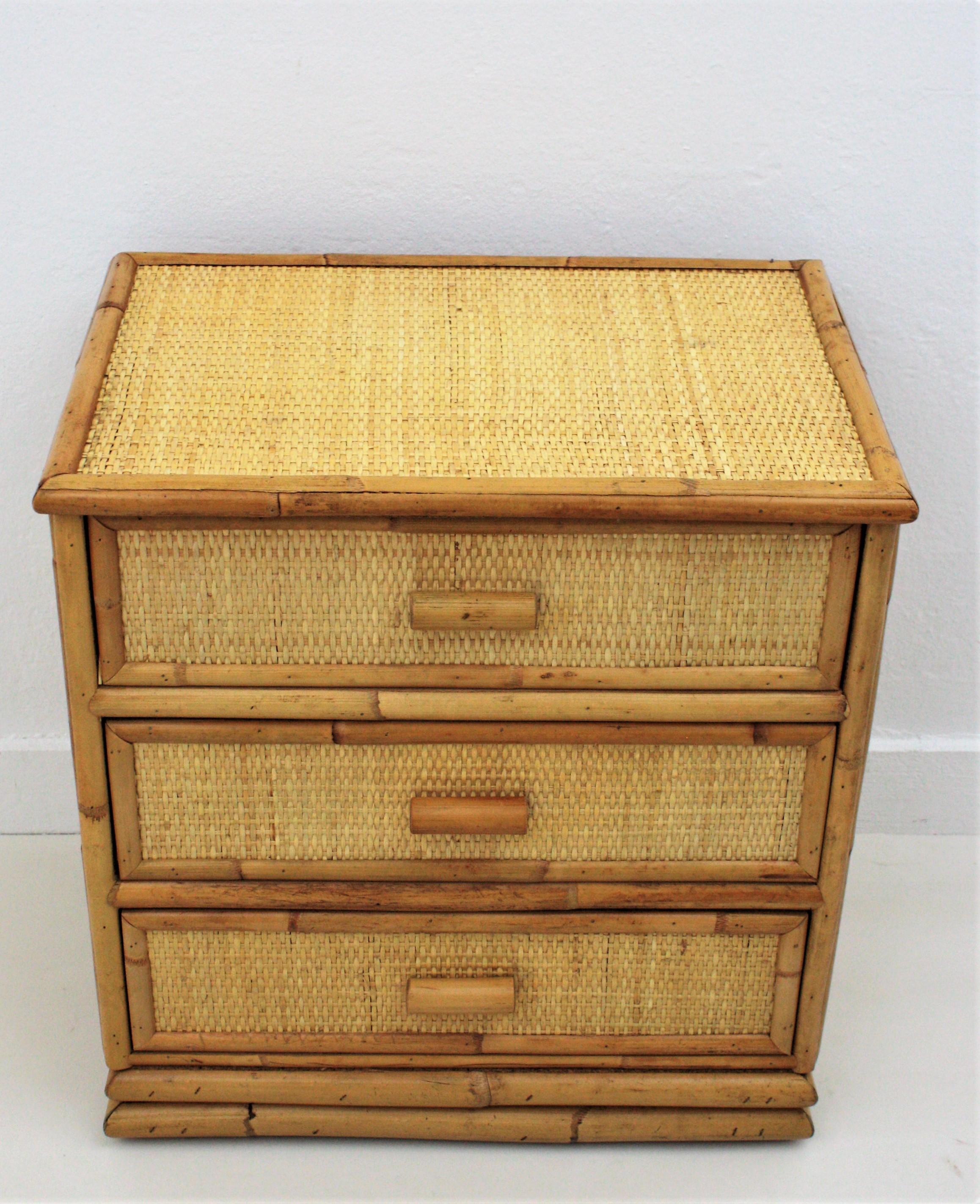 Mid-Century Modern Spanish Three-Drawer Chest, End Table or nightstand in Rattan and Bamboo, 1970s