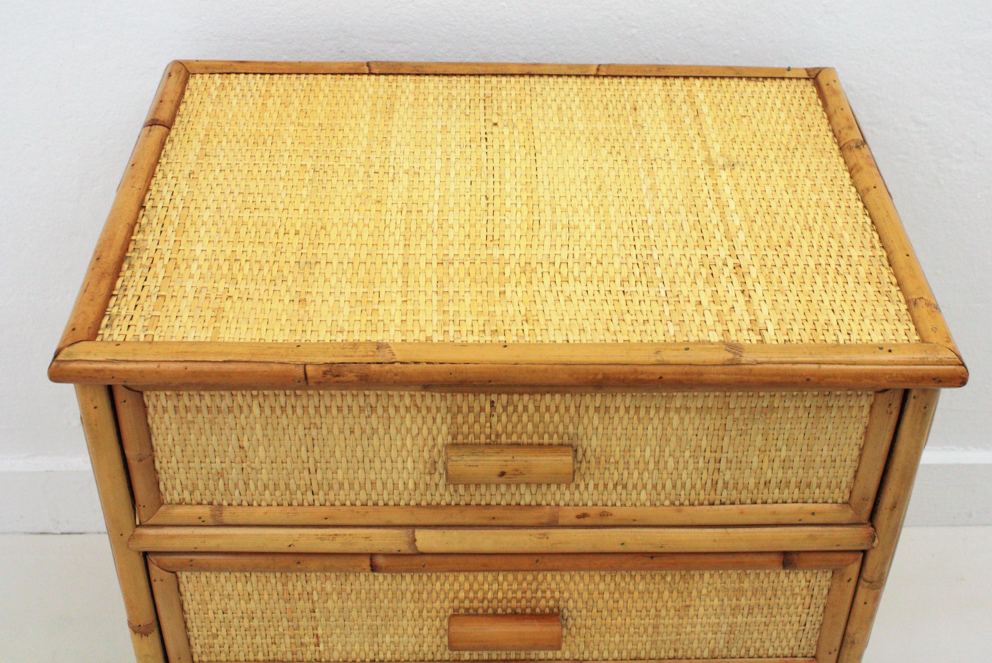 Woven Spanish Three-Drawer Chest, End Table or nightstand in Rattan and Bamboo, 1970s