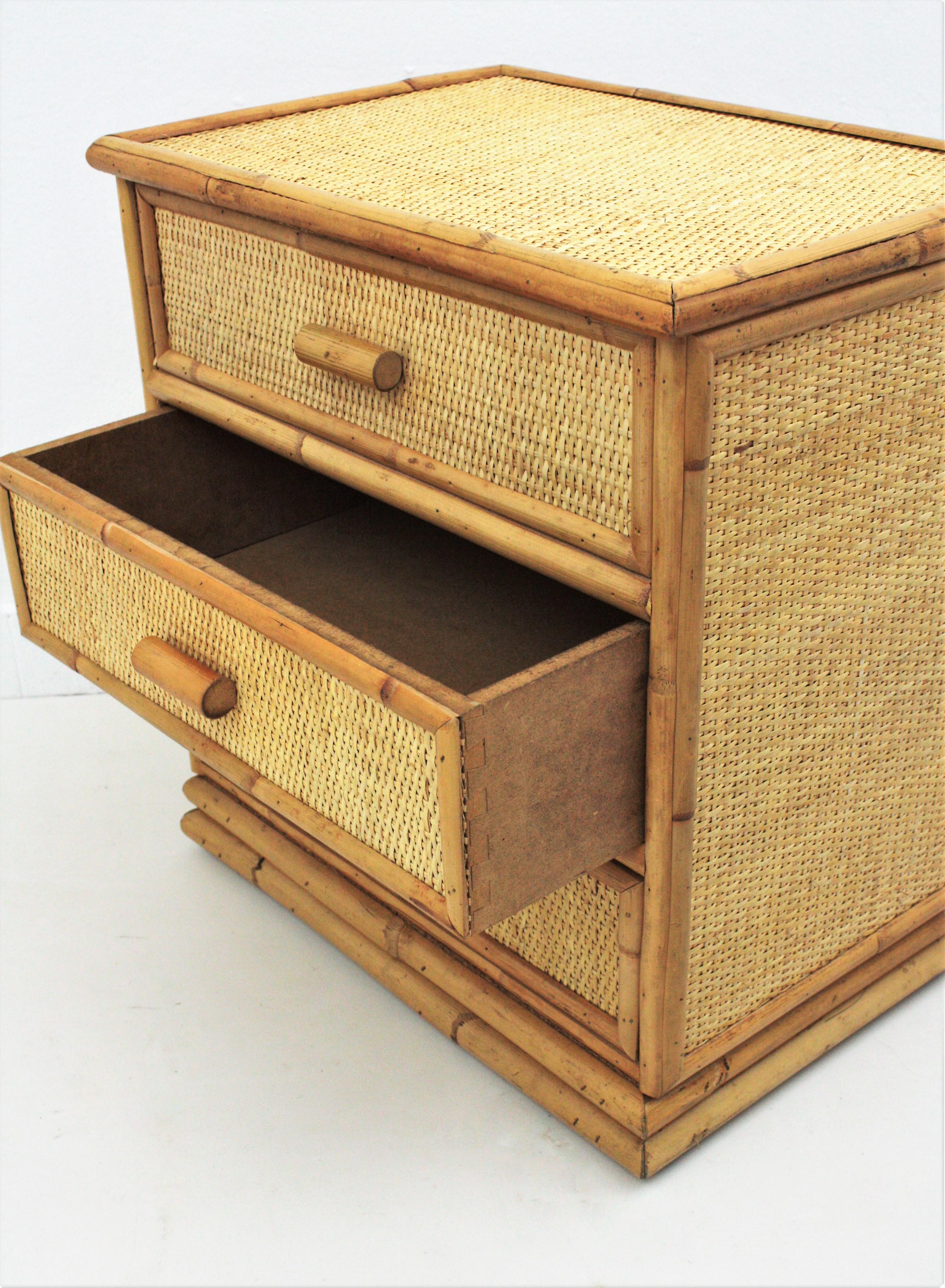 20th Century Spanish Three-Drawer Chest, End Table or nightstand in Rattan and Bamboo, 1970s