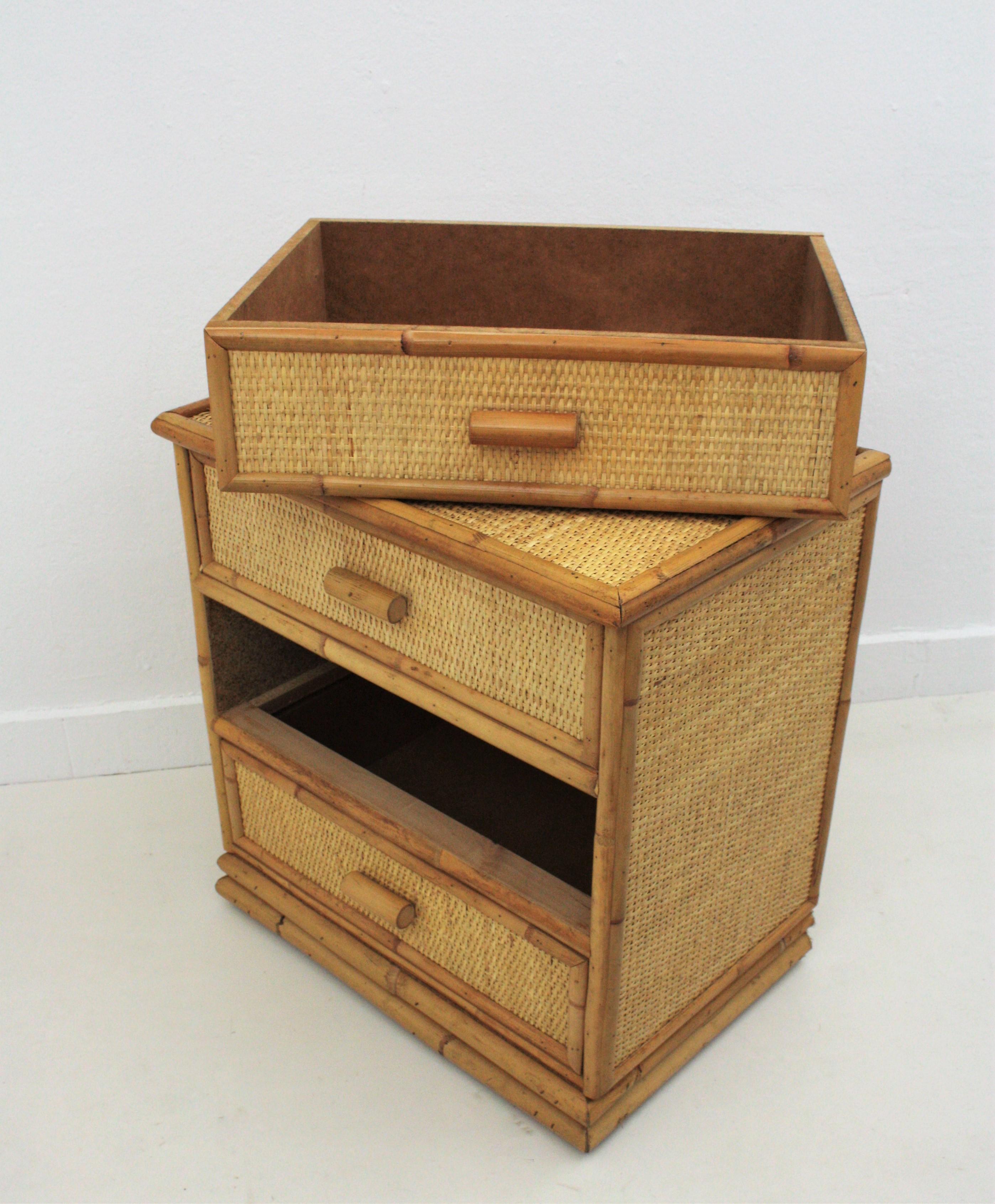 Spanish Three-Drawer Chest, End Table or nightstand in Rattan and Bamboo, 1970s 1